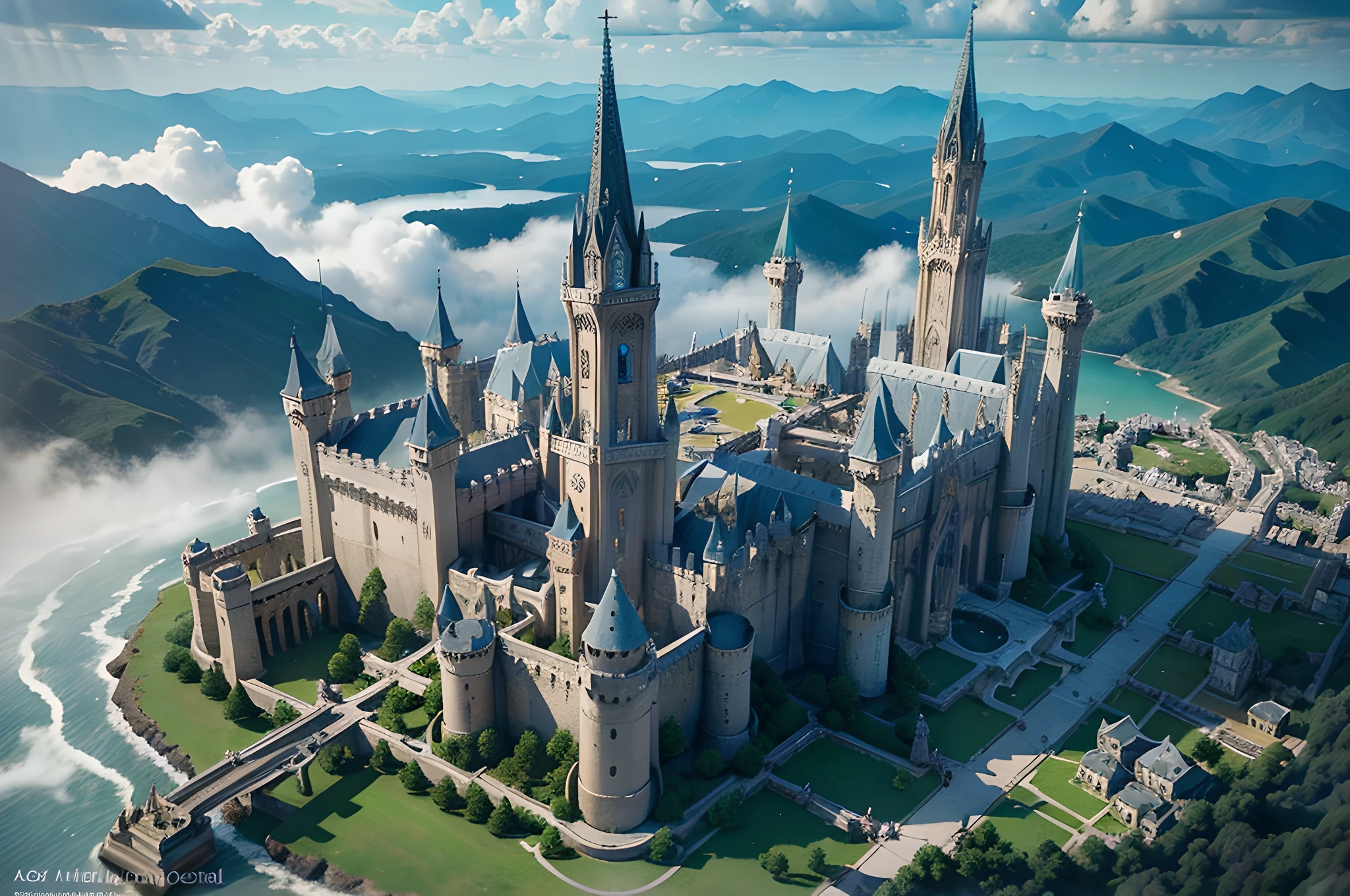 aerial view, colossal castle floating in the clouds with many towers and spires, minas tirith, highly detailed, high resolution, dramatic lighting, detailed acrylic, intricate complexity, soft natural volumetric cinematic perfect light, oil painting --auto --s2
