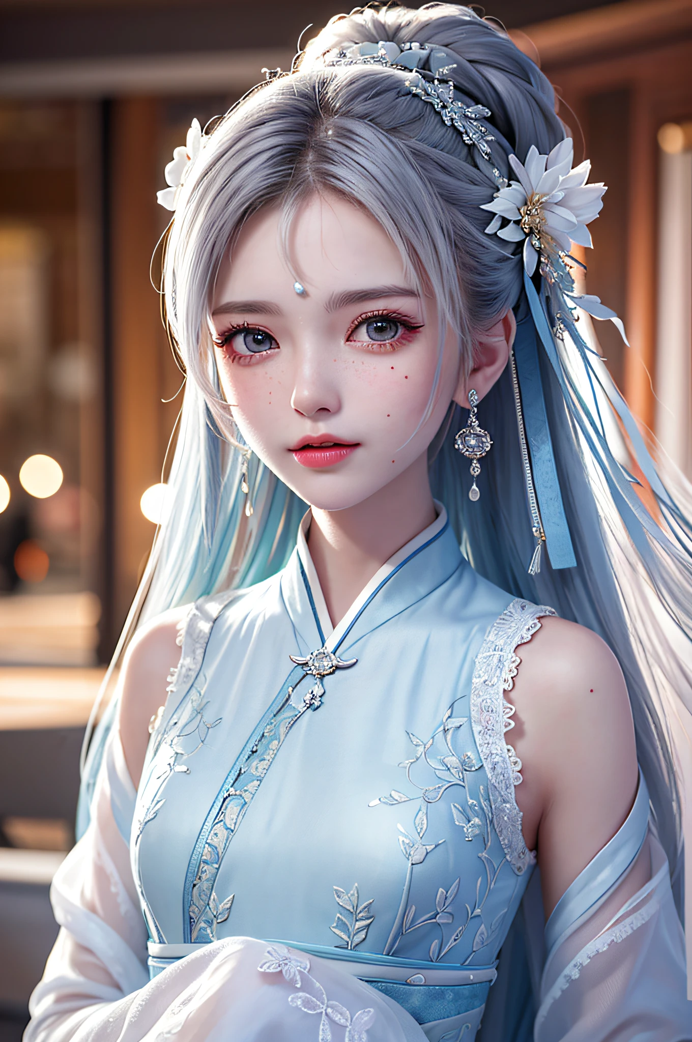 (Best Quality, Masterpiece: 1.2), Ultra High Resolution, Realistic, Front Lighting, Intricate Details, Delicate Details and Textures, 1girl, Solo, (Young), Facial Highlight, Upper Body, Detail Face, Tear Mole, Freckles, White Skin, Silver Hair, High Ponytail, Looking at the Audience, Big Eyes, Silk Hanfu, (Openwork Pattern, White, Silk), Earrings, Small Tits, Slim Figure, Chang'an Avenue, Professional Lighting, Photon Mapping, Light Energy Transfer, Physically Based Rendering,