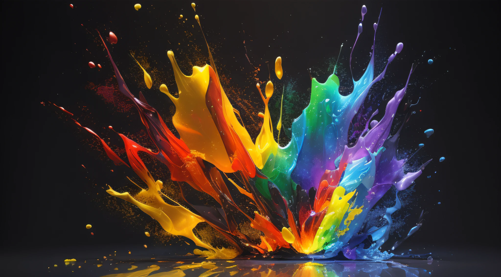 (translucent glass material), colored paint explodes in all directions, has a 3D effect, splashes of paint, center composition, pure black background