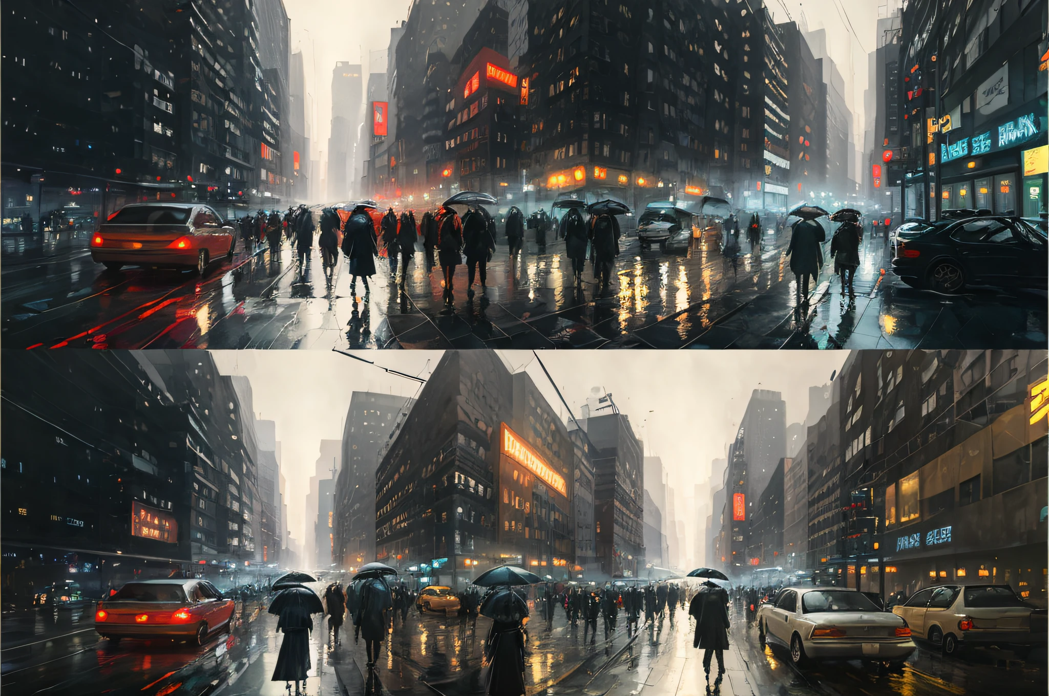 painting of a city street with people walking and cars and people with umbrellas, style of jeremy mann, street of new york, rainy urban streets, digital painting style, city streets, new york streets, with influence of jeremy mann, streets of new york, dramatic artwork, oil paint style, realistic painting style, in the city, 8 k hd detailed oil painting.masterpiece,8k very detailed CG unit wallpapers,best quality,best shadows,rainy,lights,ultra-clear realism,best illustration,blue and white sky,heavy traffic ，ultra-clear realism