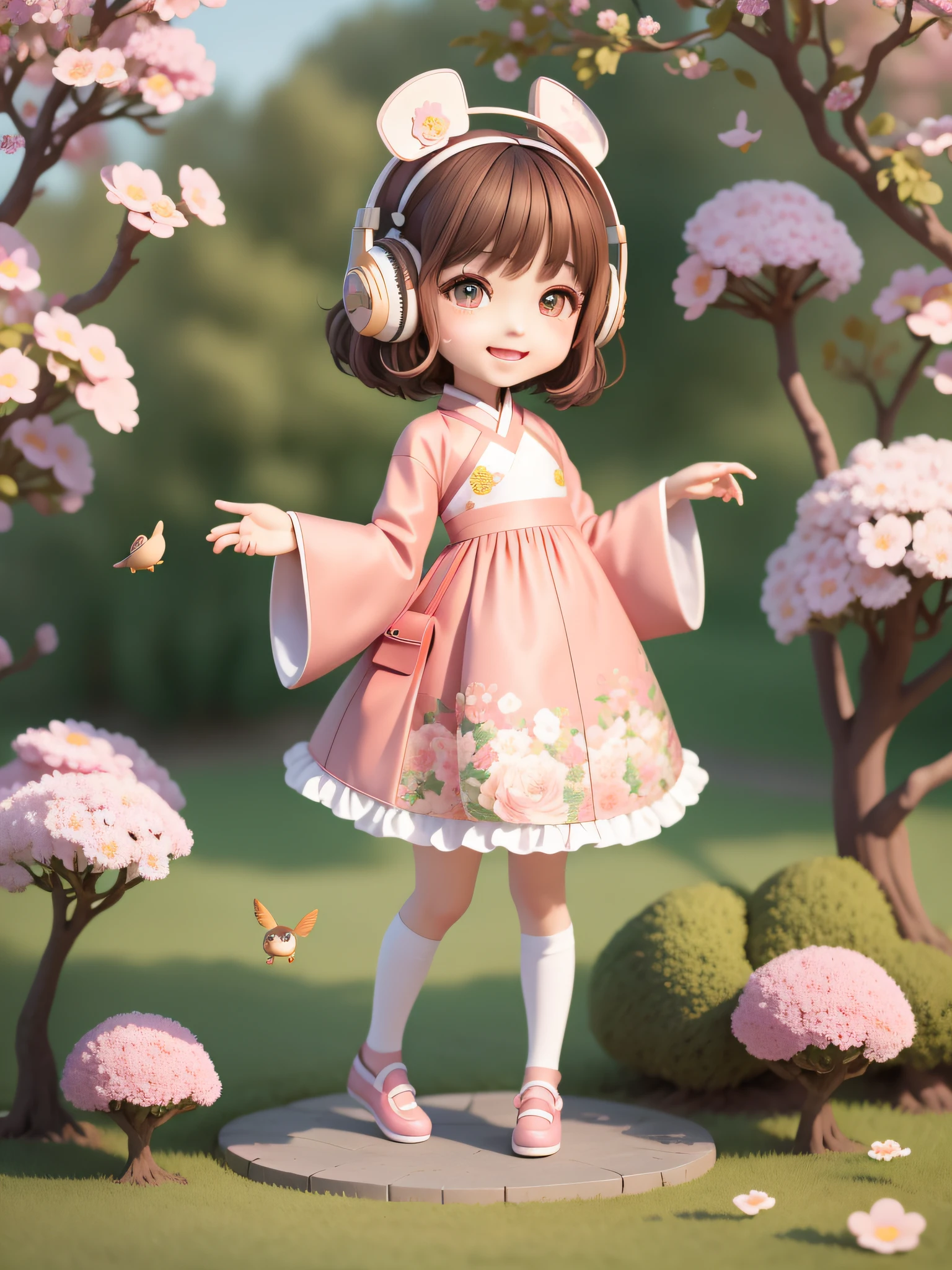 Vista, (Excellent), (Super Meticulous), (Full Body: 1.2), 1girl, Chibi, Cute, Smile, Open Mouth, Flower, Outdoor, Play Guitar, Music, Top Hat, Hold Guitar, Coat, Blush, Tree, :3, Wear Hanfu, Short Hair, Cherry Blossoms, Green Headgear, Confusion, Brown Hair, Blush Sticker, Long Sleeves, Bangs, Headphones, Brunette Hair, Pink Flower, (Beautiful and Delicate Big Eyes), (Beautiful and Delicate Big Eyes), A Group of Little Friends, Drinking Tea, , Chinese Style
