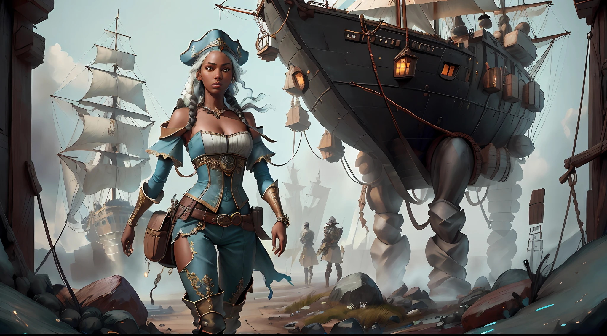 (((multi-person interaction, with men and women))), (highly detailed RAW color photos, ridiculous resolution, high resolution, super detailed), ((r 9 6 angles)), dark skin, handsome, fearless and brave expression, mature, thin shoulders, very thin body, black captive dark pirate hat, white dirty braids, vibrant green eyes, (detailed eyes and detailed face), extremely detailed 8k photo, (full body: 0.9), beautiful woman, outboard, offboard background, detailed face, (Medieval Fantasy Theme: 1.3), Light Blue Pirate Theme Armor with Highly Intricate Details, Blue Pants, Ship in the Background, Inside the Ship, Deck of the Ship, Inspired by Dungeons & Dragons, Digital Artwork, Surreal, Photography, Soft Lighting, Soft Detail, Octane, ArtStation Trend, Ultra High Detail, Surreal, Movie, 16k,