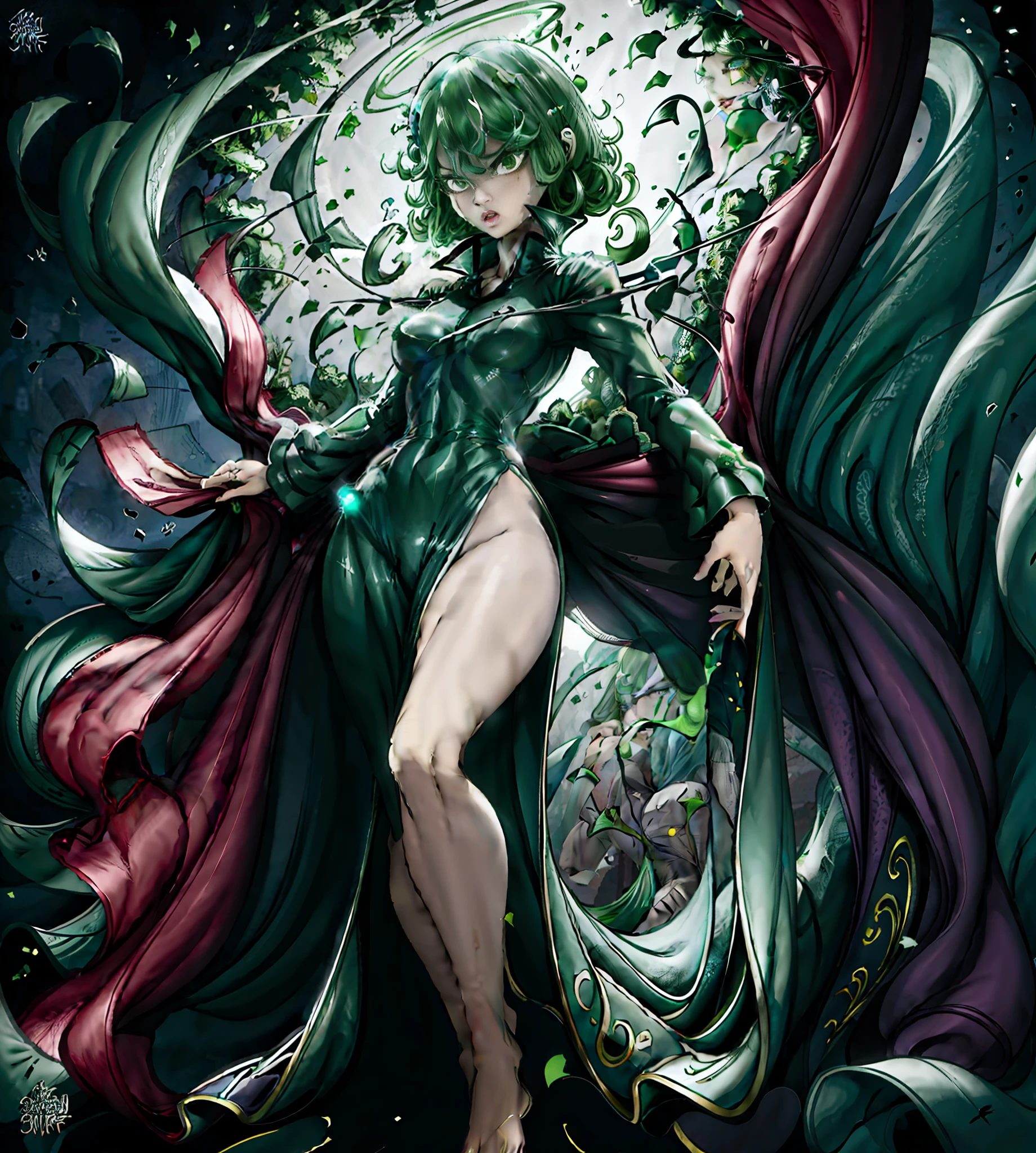 Transparent clothes. Green hair, green hair, green hair. Plump thighs, clamping thighs, hands stretched upwards, face and body facing the audience, slender waist, tornado, flat chest, black skirt, pelvic curtain (tatsumaki: 1.7), girl trasparent black latex dress, long sleeves, thick thighs, Wide hips, green light, pot curtain, green halo, see-through clothing, no, cameltoe, 1girl, Chen Juan, green hair, green eyes, dress, solo, black dress, big breasts, small breasts, thighs, curly hair, belly button covered