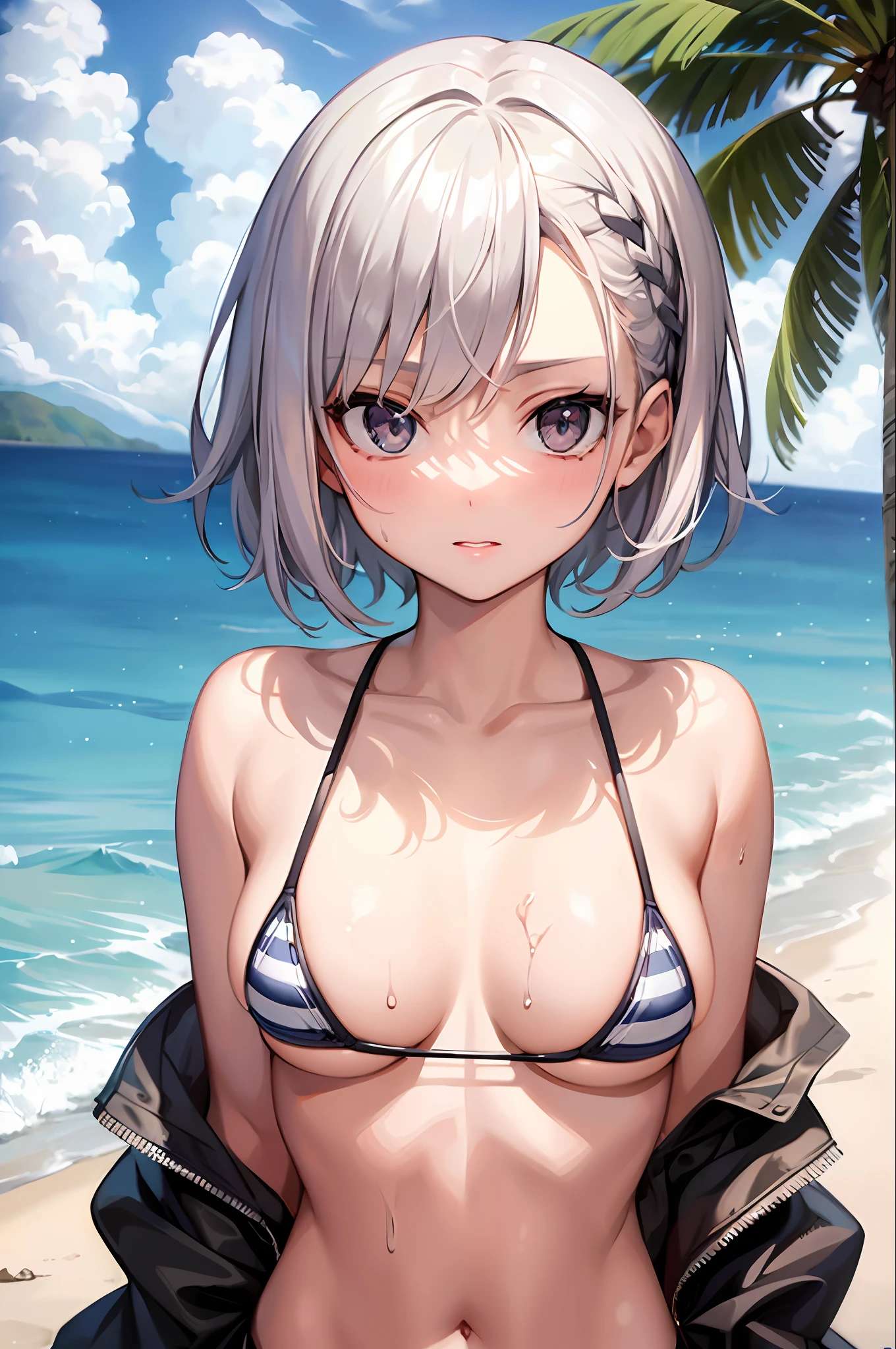 One girl, face and chest up, striped micro bikini, young, cute, beautiful girl, silver hair short hair, big, wet body, perfect body, seaside, best image quality, best quality, super high resolution, masterpiece,