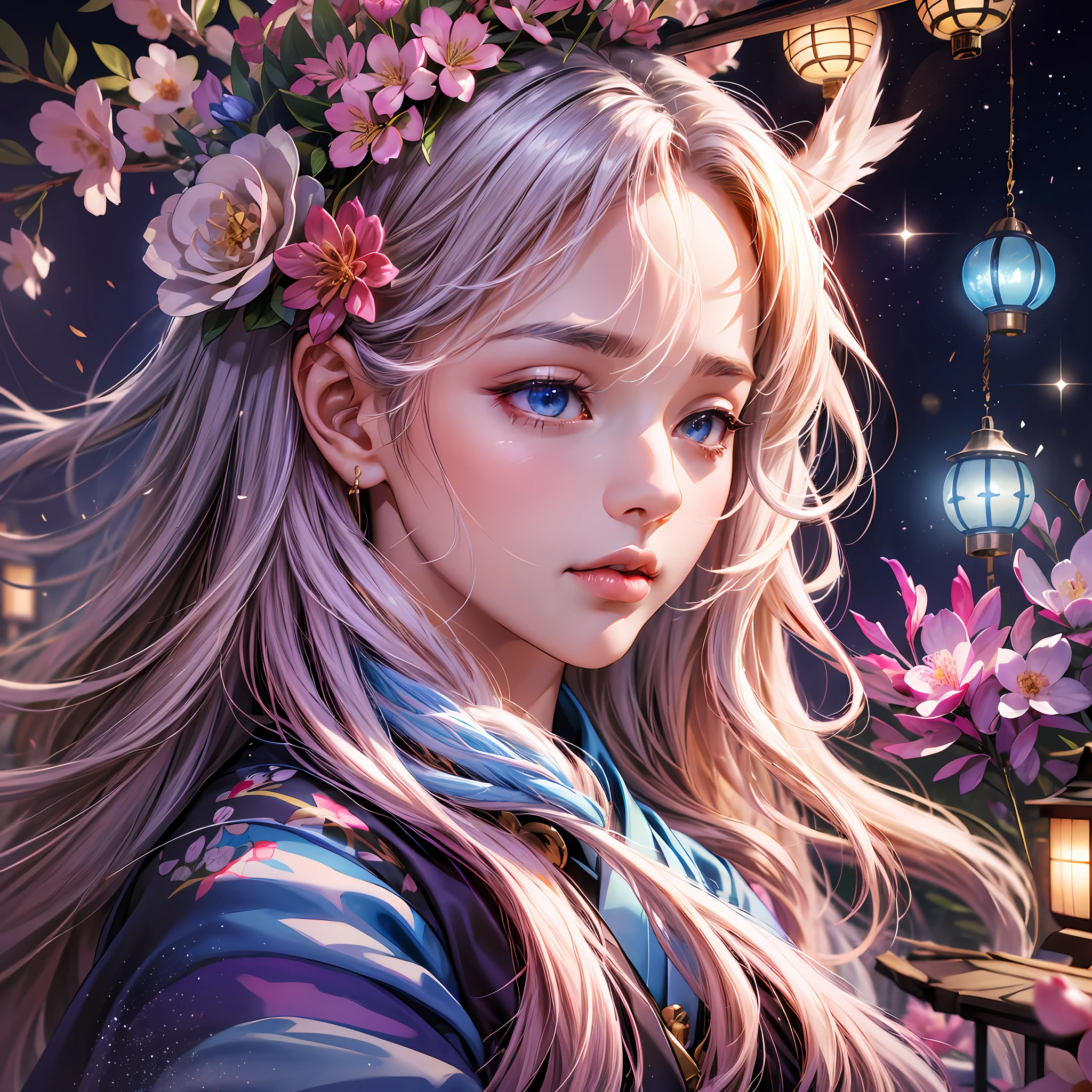 (absurdres, highres, ultra detailed), close-up of face, emphasis on face, focus on face, one woman, mature woman, aged, long straight hair, shiny beautiful hair, blue eyes, bangs, long sleeves, finely drawn eyes and detailed face, eye highlights, hands without breaks, rich lighting, pale pink lips, highly detailed CG unified 8K wallpaper, intricate details, portrait, gazing, solo, half shot, finely drawn face, soft smile, dynamic pose, classical period, (Ancient Japanese Subject: 1.1), Japanese mythology, fox ears, Japanese Ruler, Blue Kimono, Floral Kimono, Ancient Themes, (Prosperous Civilization: 1.1), Moon in background, (Immaculate: 1.1) Shrine, Torii, Japanese landscape, Ancient city in background, Fox mask, Fantastic, Dreamy, Romantic, Light dancing, Lantern, Austere, Night, Darkness, Stars, Portrait, Cinematic lighting, Flower hair ornament, Dating, cherry blossom. --auto --s2