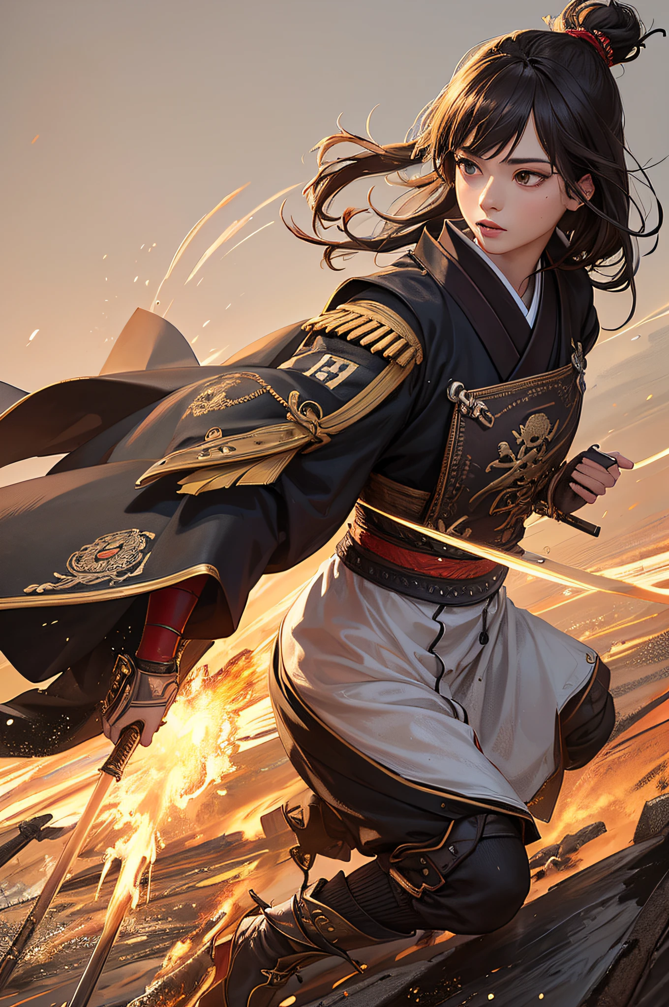 (Masterpiece, Top Quality, Top Quality, Official Art, Beautiful and Aesthetic: 1.2), Absurdity, Masterpiece, Top Quality, Realistic, Super Detailed, Samurai, Girl, Battlefield, Flaming, Japanese-style Building, Running Around,