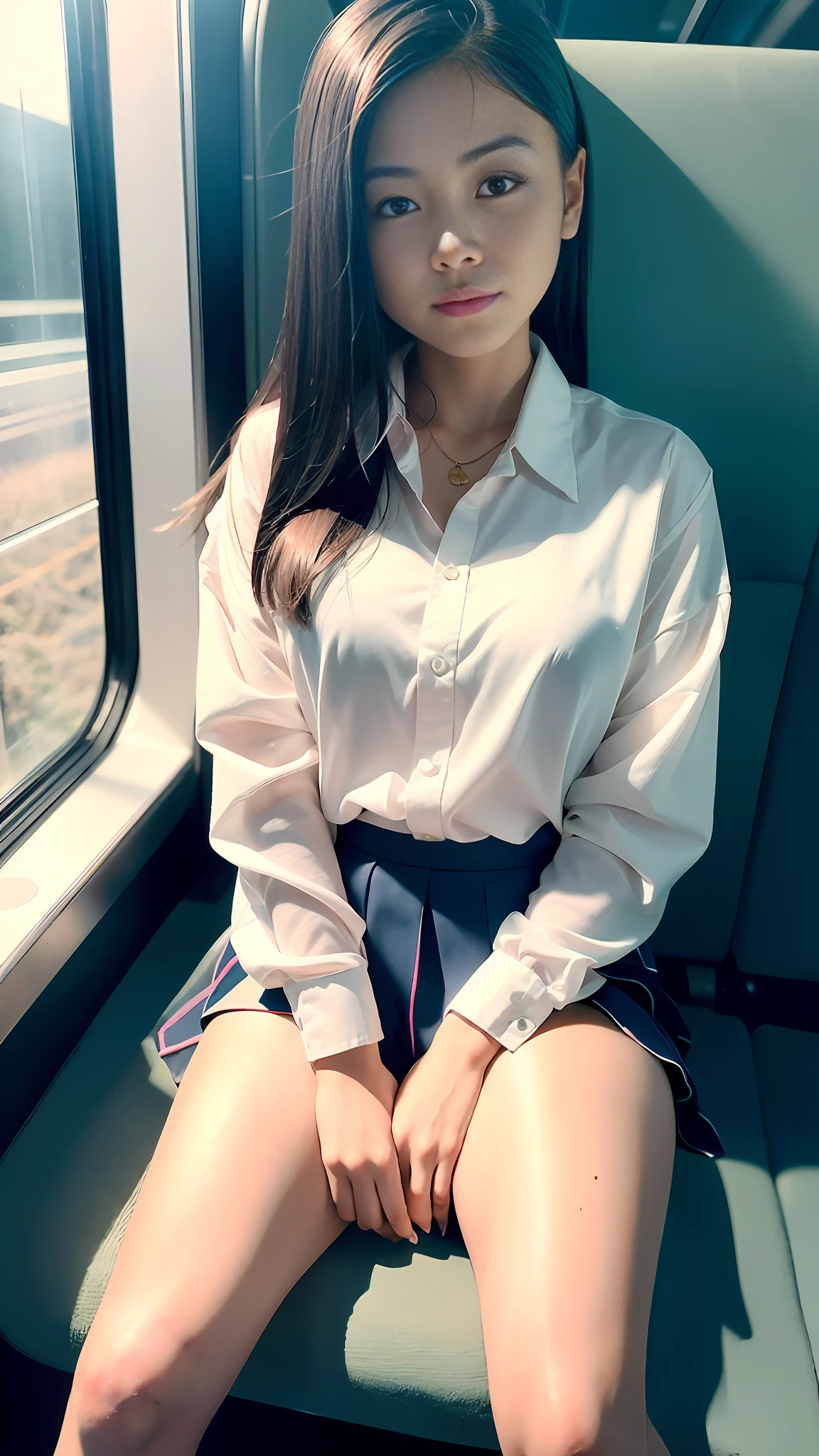 Highest quality, full body detail, golden ratio, (theater lighting: 0.7), masterpiece, viewer angle shot, ( 18 year old filipina, AndreaLee student wearing school uniform), looking straight happy, (sitting on the train legs open wide), full body portrait, perfect face, amazing eyes, vivid details, (highly detailed skin), (blood: 0.7), accent lighting (backlight: 0.5), depth of field, iPhone 6, 50mm lens, f/4 aperture, (super detail), sharp focus, soft colors, 8k , conscious, 8mm film grain, war photography, angle up shot