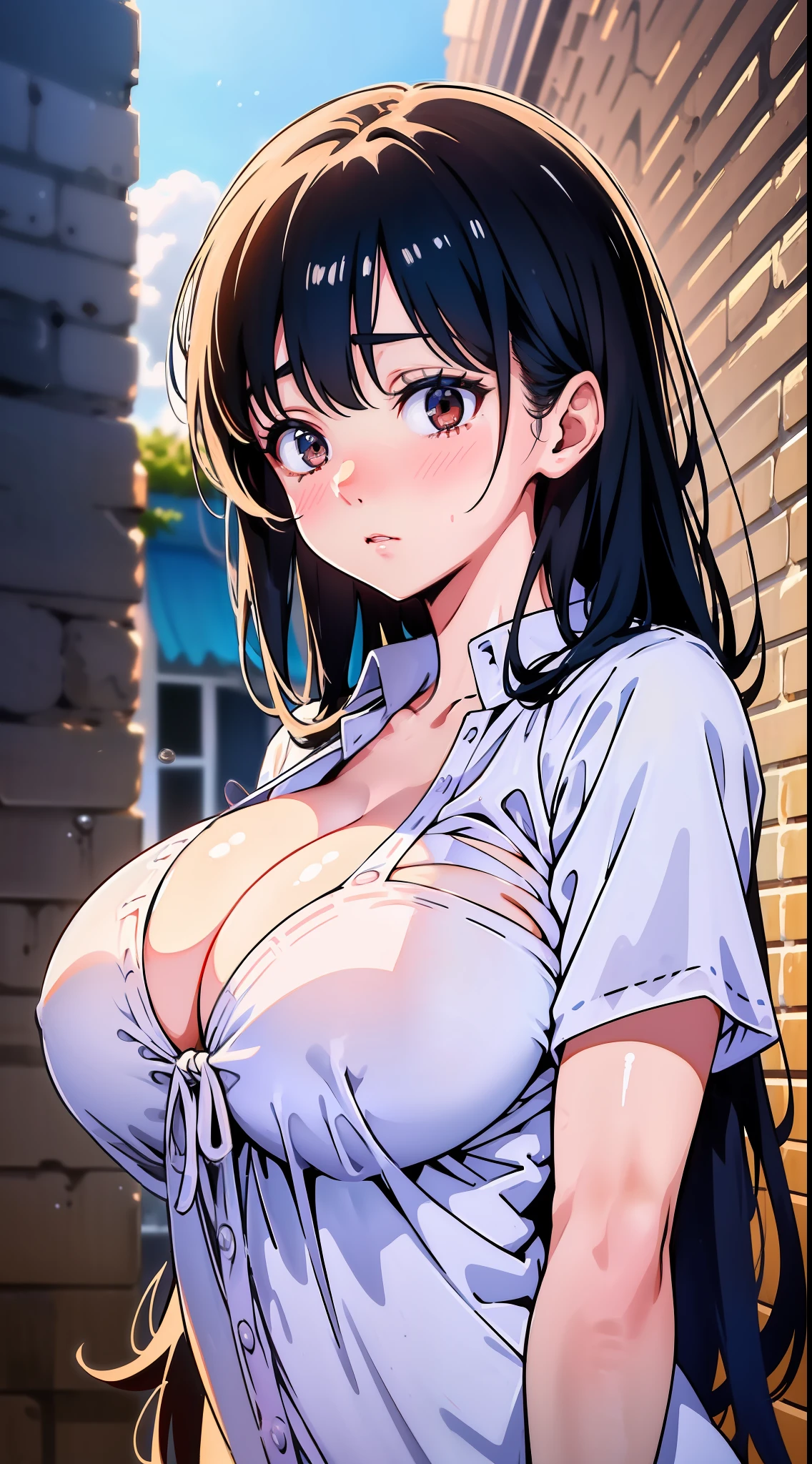 low angle, big breasts, lower breasts, white liquid on the whole body, yogurt all over the body, big breasts, cleavage, upper body, long hair black hair brown-eyed woman in white y shirt looking up from below, breast focused, shy, watery eyes, embarrassed