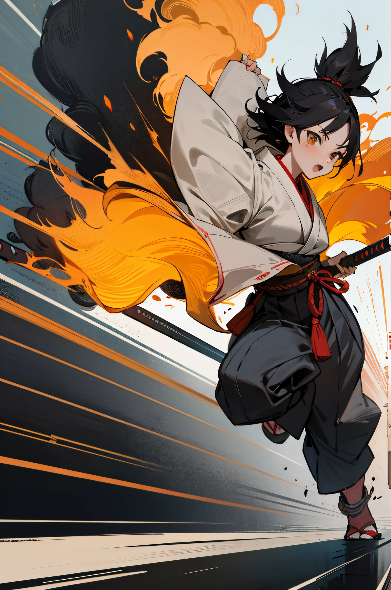 samurai, girl, battlefield, fiery, Japanese-style building, running around,