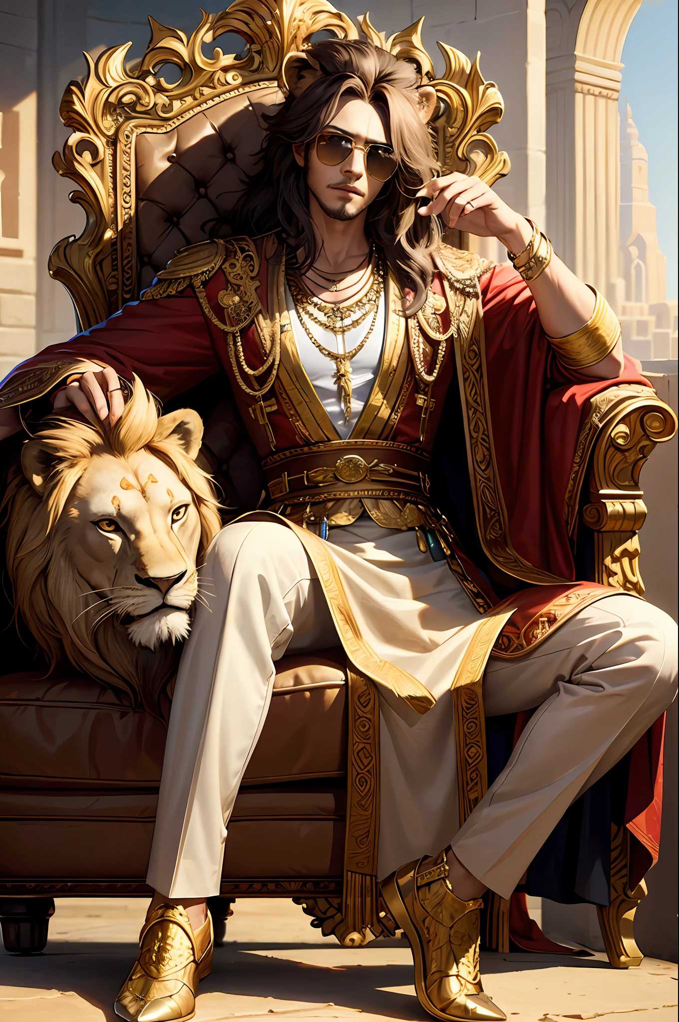 masterpiece, best quality, realistic, fashion lion, lion king, human lion head, glasses on head, gear, gemstone, sunglasses, gold, jewelry, magic ring, male_focus, pants, shoes, sunglasses, tassels, throne,