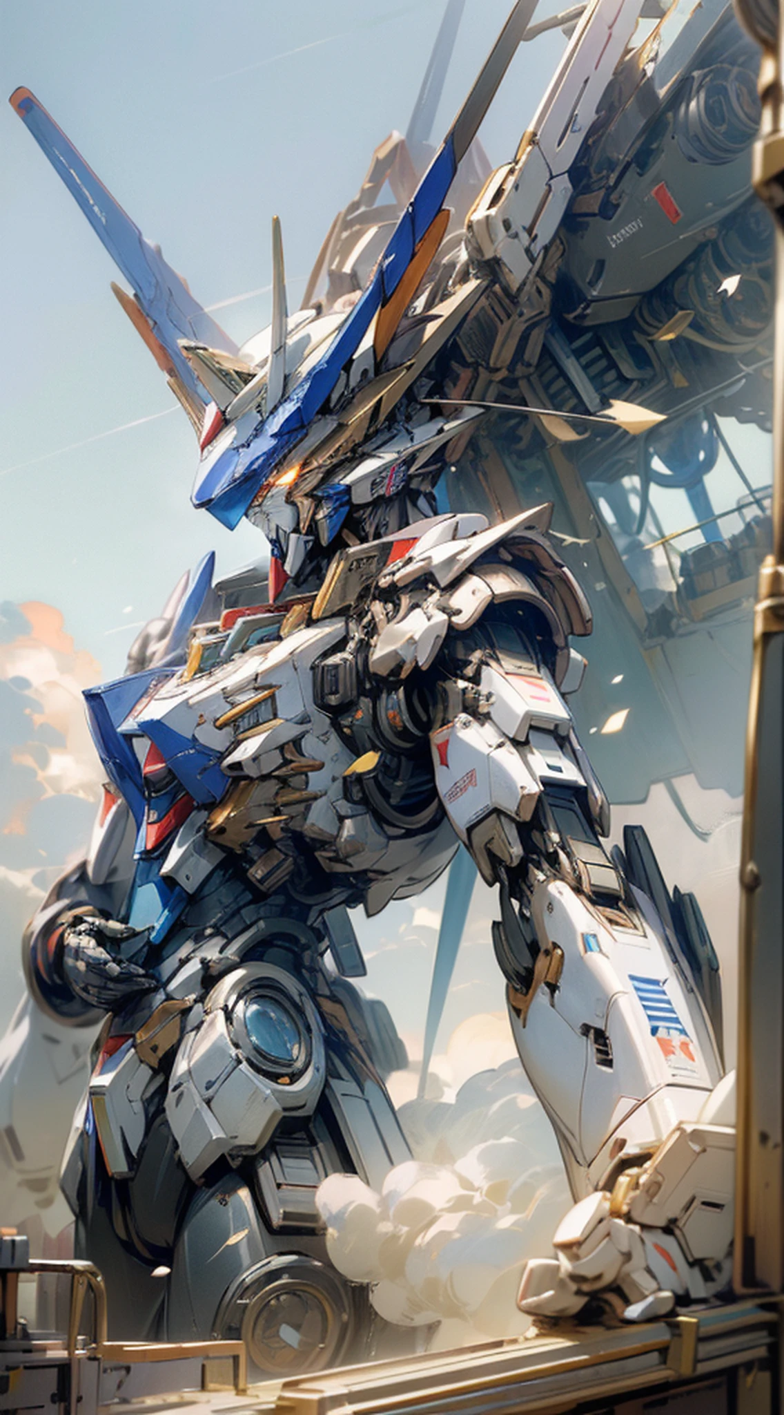 ((Masterpiece, better quality)), illustration, ultra-detailed 8k, realistic, sharp focus, very detailed, professional lighting, colorful details, white background plate blue sky and white clouds, large mechanical robot structure, Gundam, glossy, intricate details, shitu-mecha, --auto --s2