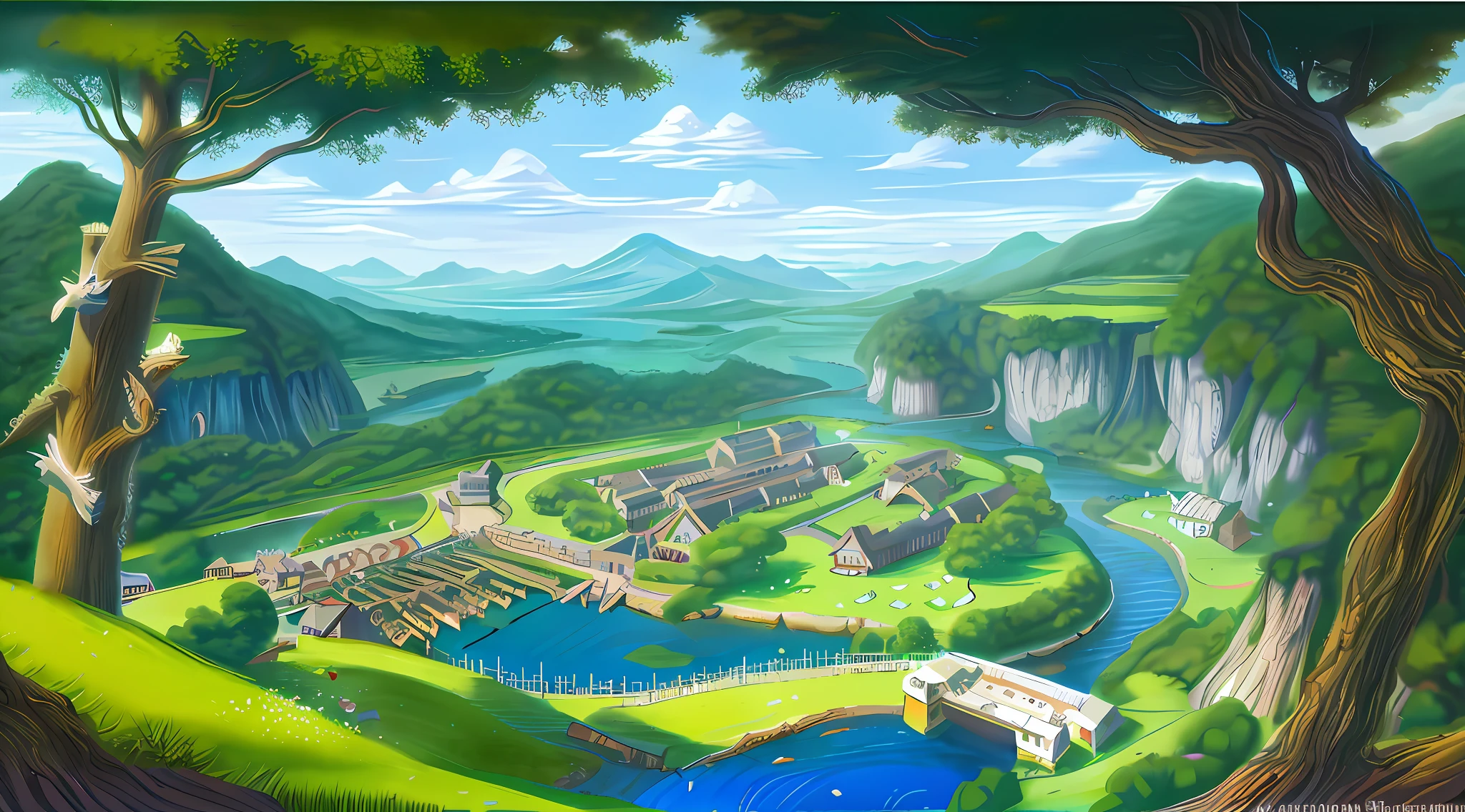 The village is shrouded in a giant birdcage, elven city, stylized concept art