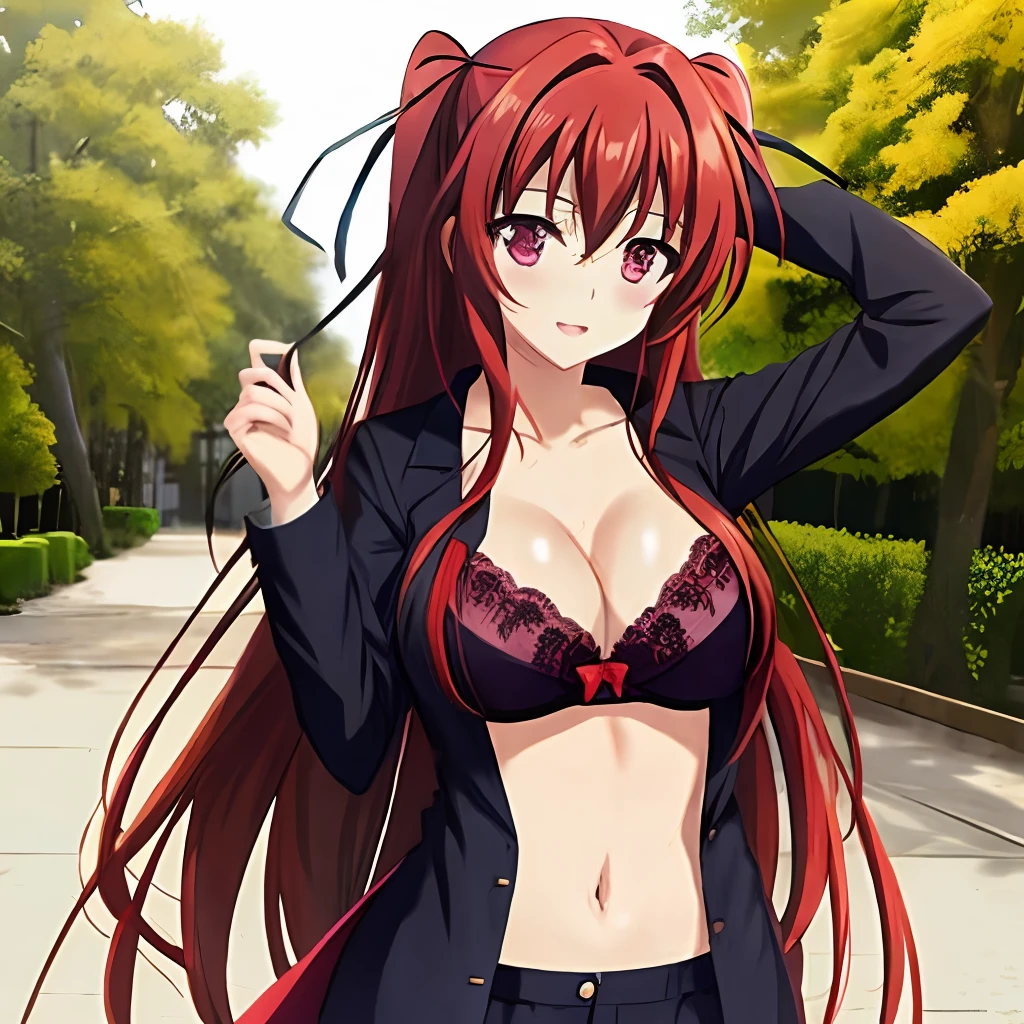 Best Quality, Mio_Naruse, 1Girl, (hair_down:1.3), long_hair, straight_hair, Open Shirt, Bra, red_hair, red_eyes, Décolleté, Great Ass