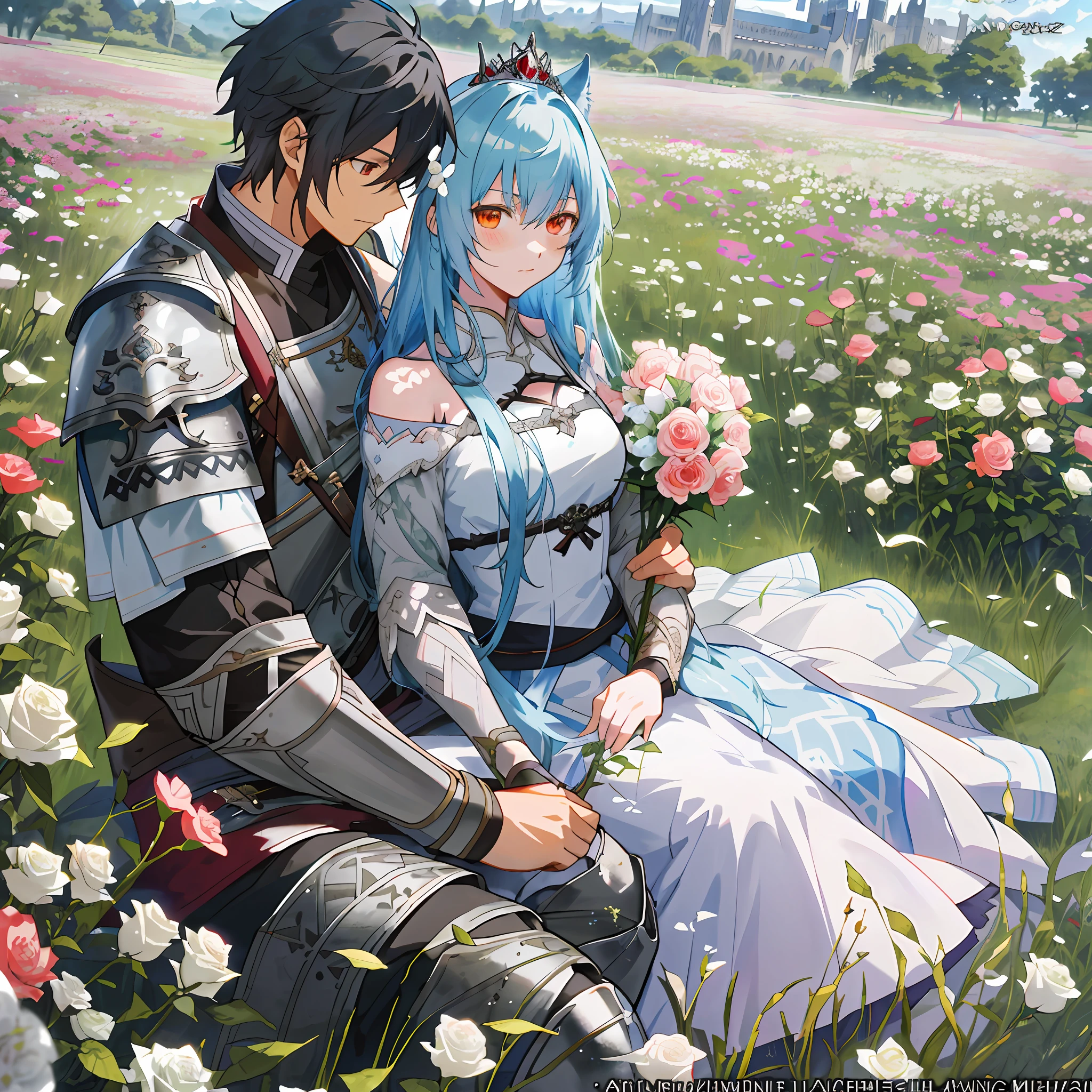 Anime couple sitting in a field of flowers (white roses) with medieval city in the background, Sakimichan and Frank Franzzeta, epic light novel art cover, romance romance cover, beautiful fantasy anime, epic light novel cover art, light novel cover art, wolf warrior knight and princess, warrior with red pupil eyes,   anime style