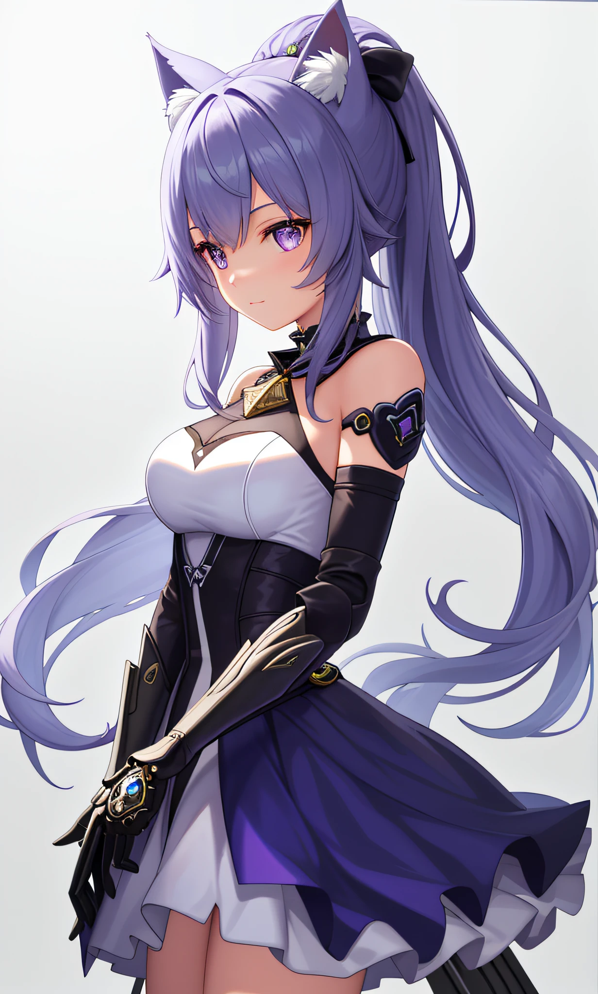 Dynamic lighting, high resolution, sharp focus, depth of field, best shadows, 1 girl, masterpiece, the best, very detailed CG", facial details, best quality, two-dimensional, sci-fi, genshin Keharu, cute, cold, total angle hairstyle, hair color lilac, cat ear decoration, posture standing, translucent skin with bones, beautiful girl with mechanical elements, top quality --auto --s2