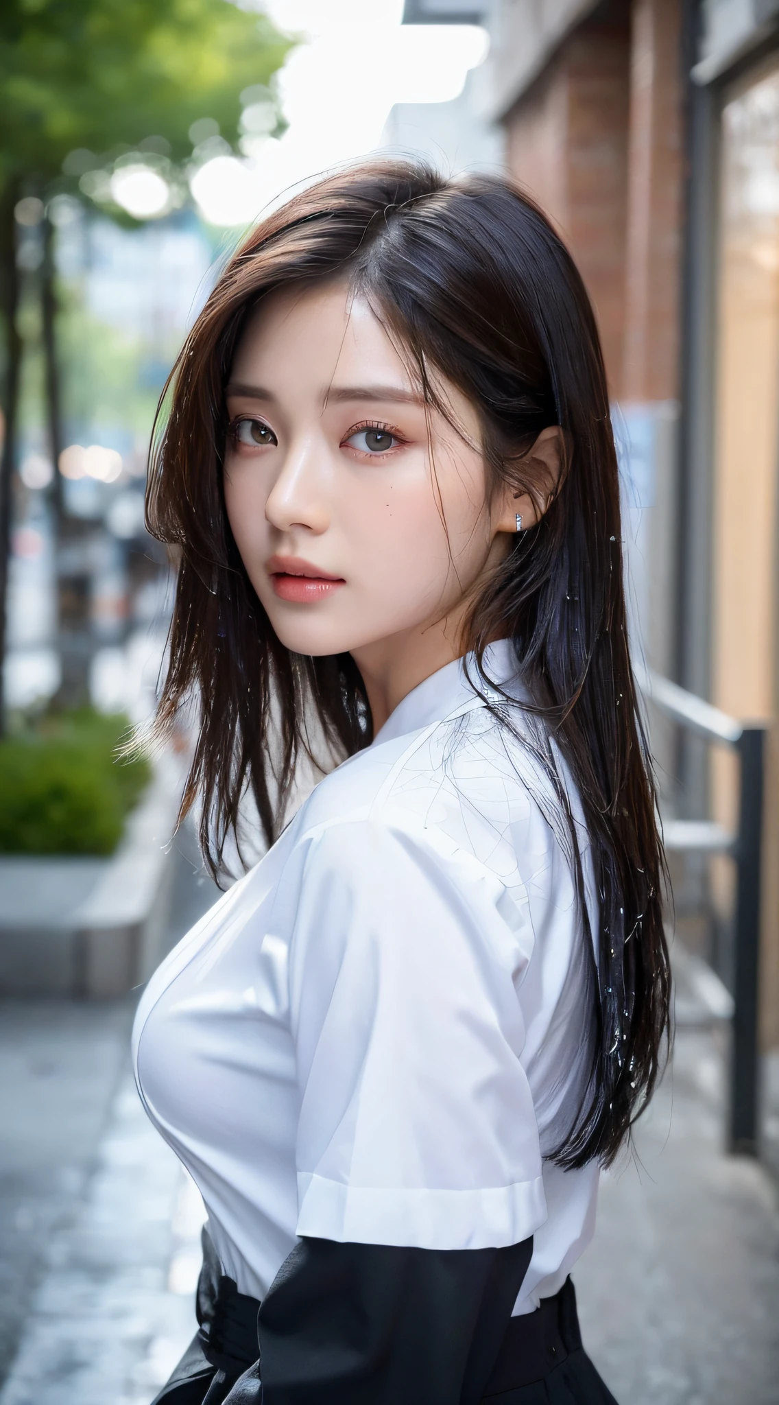 ((Best Quality, 8K, Masterpiece: 1.3)), Sharp: 1.2, Perfect Body Beauty: 1.4, Slim Abs: 1.2, ((Layered Hairstyle, Big Breasts: 1.2)), (Wet White Button Long Shirt: 1.1), (Rain, Street: 1.2), Wet: 1.5, Highly detailed face and skin texture, detailed eyes, double eyelids, side face looking at the camera