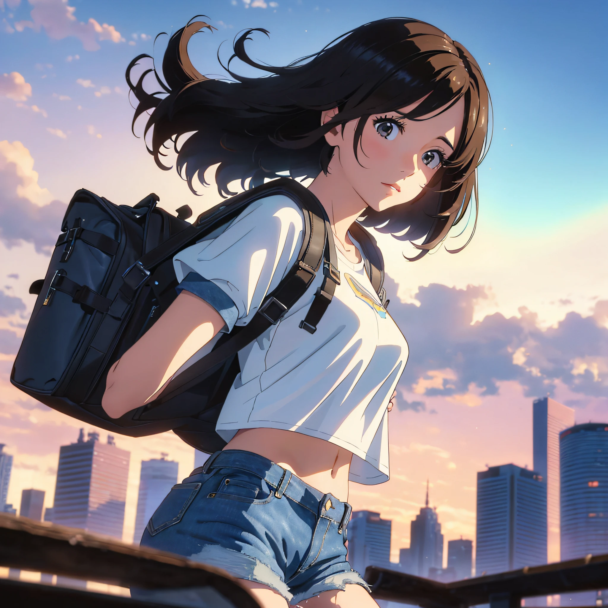 (beautiful and magnificent skyline, majestic sky), (very tense dramatic pictures, moving visual effects), (Polaris hanging high, colorful natural light), (1 girl), (carrying a short-sleeved top, denim shorts, backpack), (dynamic pose: 1.3, black eyes, black princess-cut hair, shining girl) [:0.8], (wide prairie), (looming breeze), ( Adjustment effects for brown hair and background: 1.2), (mix and match of close shot, long shot) [::0.9] --auto --s2