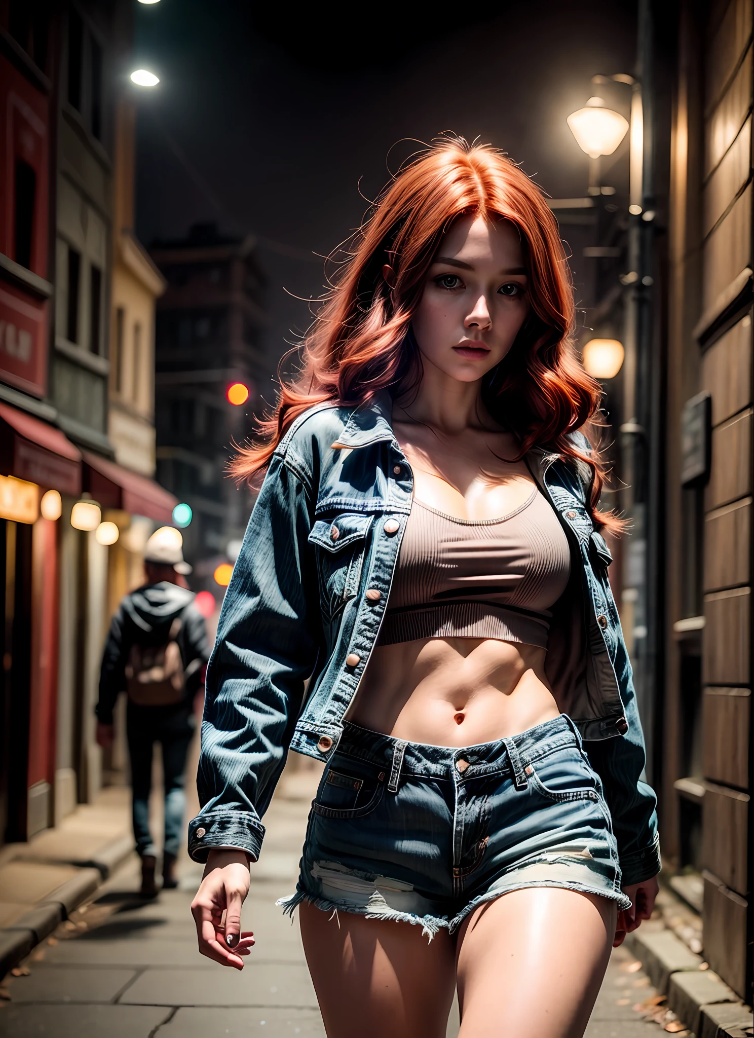 Red-haired woman walking on a dark street with a flashlight in her hand in a square, back, light from poles, dark brown denim jacket, jean shorts, park with at dusk, shade of trees on her face, 8k, octane render