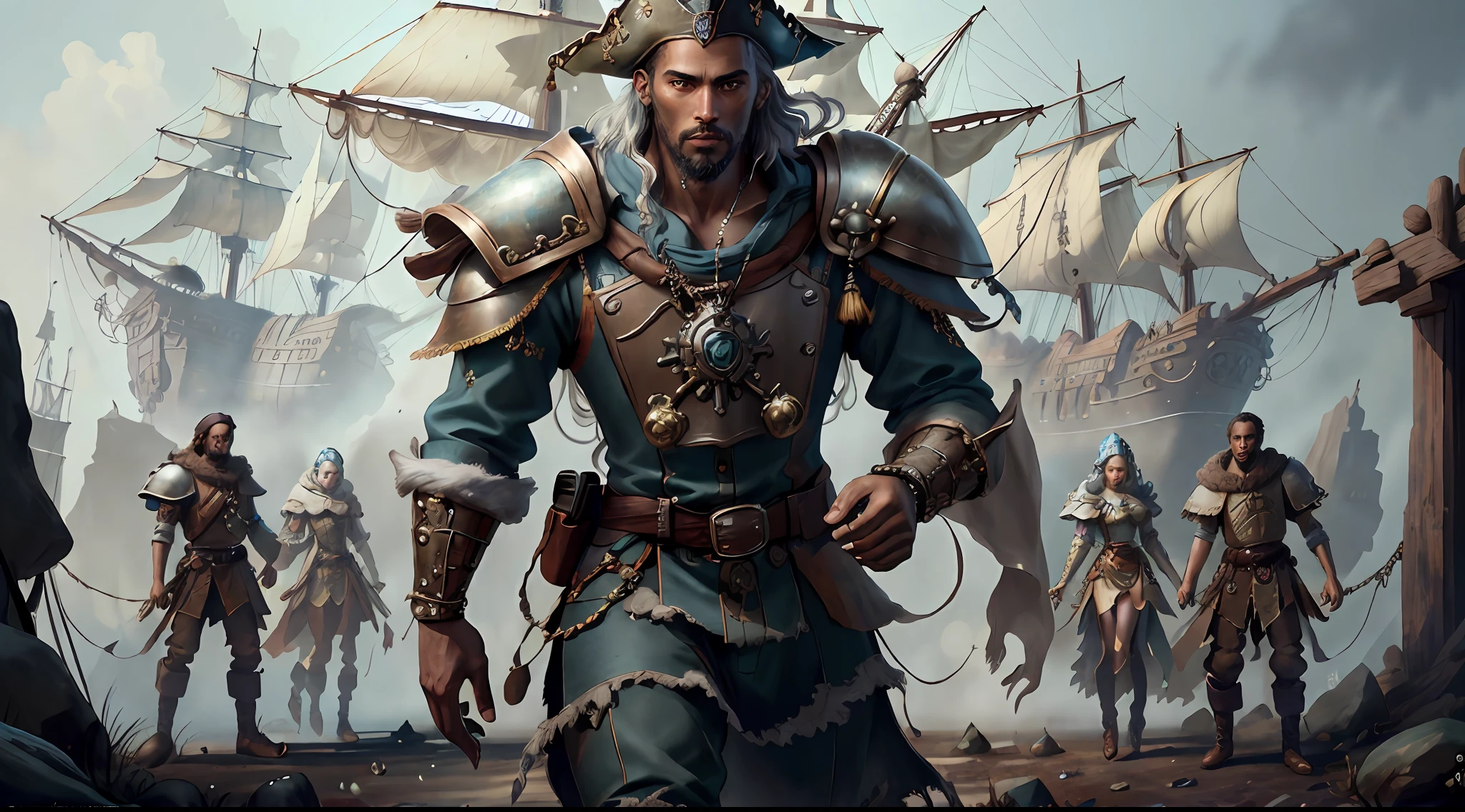 (((multi-person interaction, with men and women))), (highly detailed RAW color photos, ridiculous resolution, high resolution, super detailed), ((r 9 6 angles)), dark skin, handsome, fearless and brave expression, mature, thin shoulders, very thin body, black captive dark pirate hat, white dirty braids, vibrant green eyes, (detailed eyes and detailed face), extremely detailed 8k photo, (full body: 0.9), beautiful woman, outboard, offboard background, detailed face, (Medieval Fantasy Theme: 1.3), Light Blue Pirate Theme Armor with Highly Intricate Details, Blue Pants, Ship in the Background, Inside the Ship, Deck of the Ship, Inspired by Dungeons & Dragons, Digital Artwork, Surreal, Photography, Soft Lighting, Soft Detail, Octane, ArtStation Trend, Ultra High Detail, Surreal, Movie, 16k,