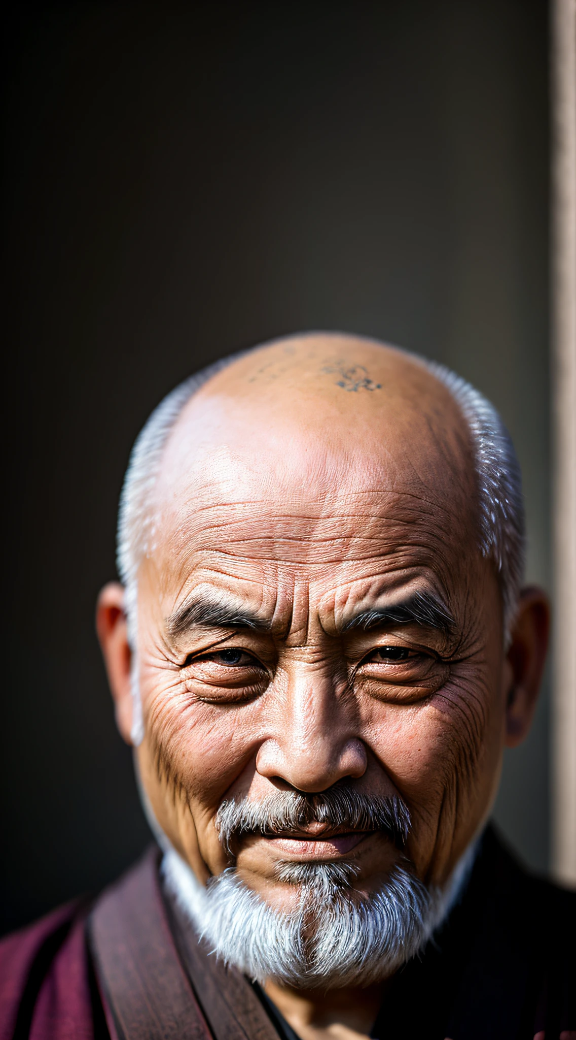 Closeup photo portrait of an old monk from ancient china, bald, frontal view, atmospheric scene, masterpiece, best quality, (detailed beautiful face, detail skin texture, ultra-detailed body:1.1),