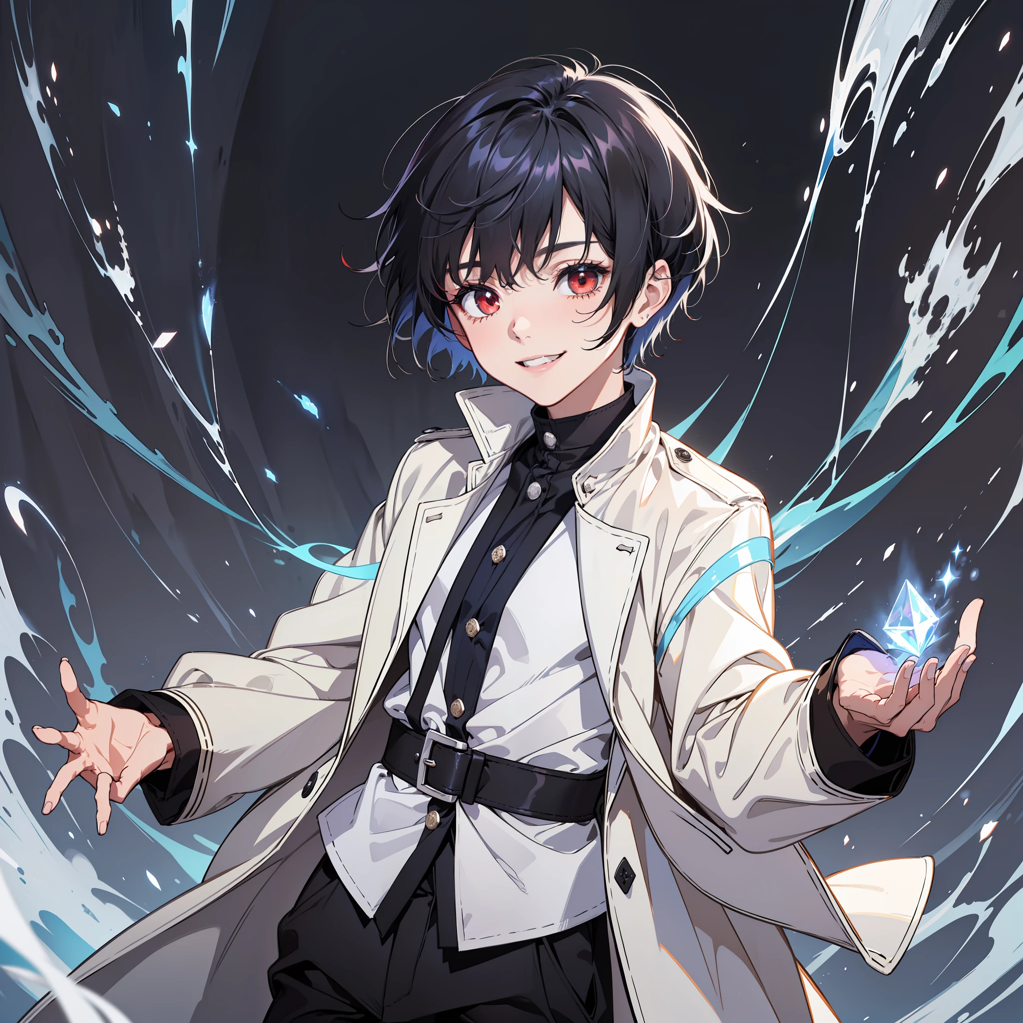 (Ridiculous, High Resolution), (Panorama), Little Boy, Red Eyes, Short Hair, Black Hair, Smile, White Underwear, Black Trench Coat, Black Pants, (White Magic Streamer for Hands), Ancient Magic, Elegance, Medieval Style, Magic Bloom, (Blue Magic Array Under Feet), Daytime, Antique Style