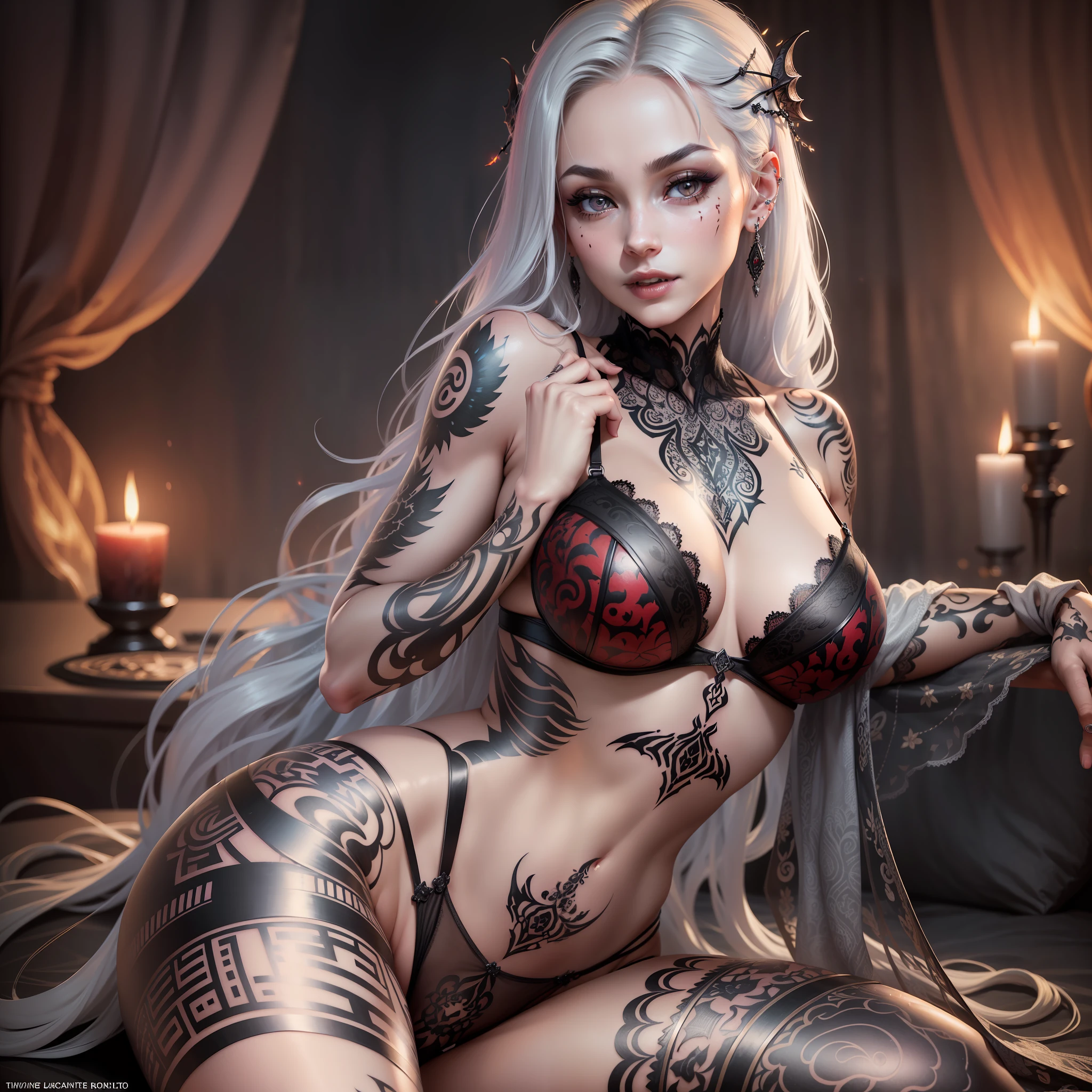 tattooed body, piercings, Sensual beautiful woman, realistic facial expression, long curly silver hair, seductive look, red eyes, spiteful look, pale skin, tattoo on the belly, with rich decoration, vampire, confident expression, large breasts (mysterious dark background, red fireflies, ethereal mist), high saturation, film light, rim light, best shadows, 8k uhd, (beautiful and delicate detailed face, Beautiful and delicate detailed eyes, a perfect face ratio, 35 years, highly detailed skin, detailed skin, whole tattooed body, transparent black lingerie, detailed lingerie, garter belt, sensual lingerie, ultra-realistic, bottom up, crouched, legs pose wide open