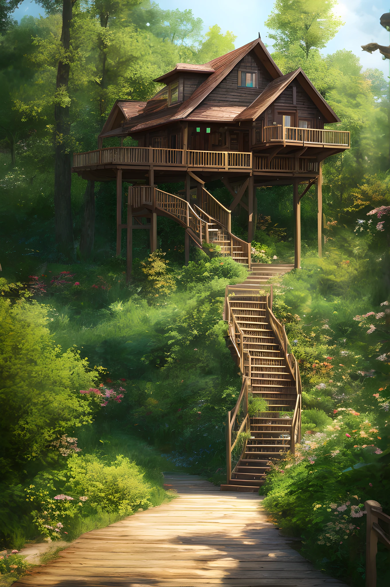 Masterpiece, best quality, high quality, extremely detailed CG unity 8k wallpaper, single storey tree house, wooden spiral staircase, antiseptic wooden platform, with guardrail on the platform, platform high-end wooden house, platform contains 8 large trees, artstation, digital illustration, complex, trending, pastel colors, oil painting, award winning photography, bokeh, depth of field, HDR, bloom, chromatic aberration, realism, very detailed, artstation trend, CGsociety trend, complex, high detail, Dramatic, midjourney art