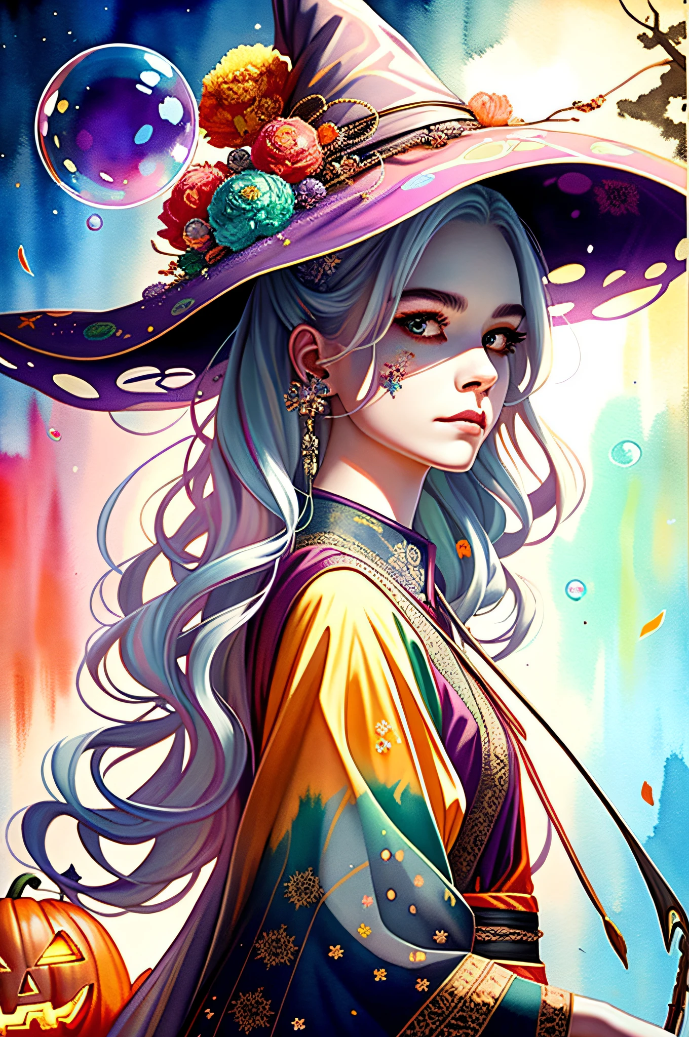 an extremely delicate and beautiful,masterpiece,best quality, ultra-detailed, illustration,Gorgeous and rich graphics,watercolor,realistic,floating,disheveled hair, liquid hair,solo,a girl,beautiful detailed haloween witch, witch hat,holding_magic_cane ,colorful eyes,beautiful detailed eyes,platinum hair, silver hair,streaked hair, multicolored clothes,halloween,shining, sunlight,colorful bubble, colorful background,high saturation,surrounded by colorful splashes,