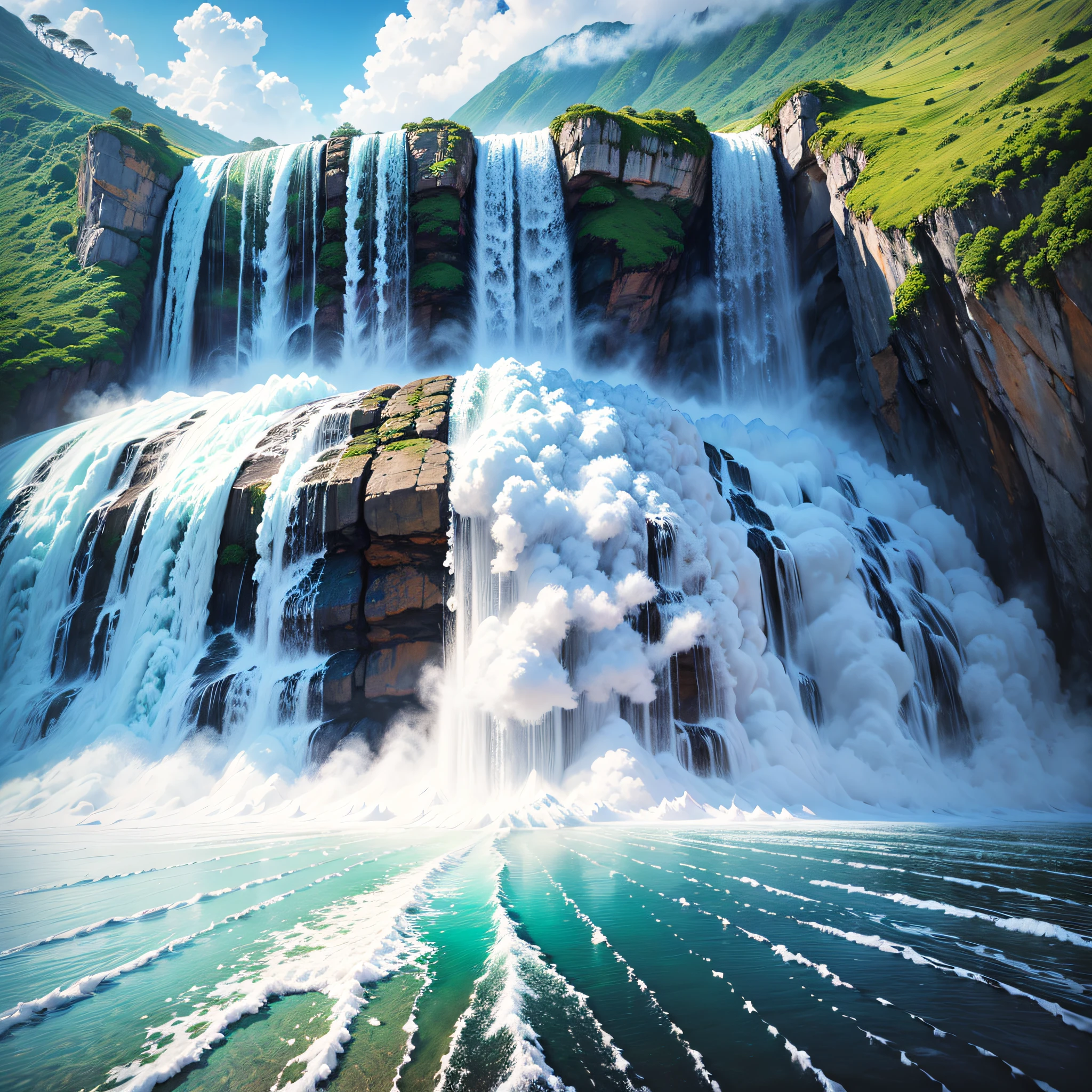 A water painting with a monumental view of a large, high-resolution, white cloud-covered waterfall. The painting uses bright colors to express the natural beauty of the scene. Fisheye lens. --auto --s2