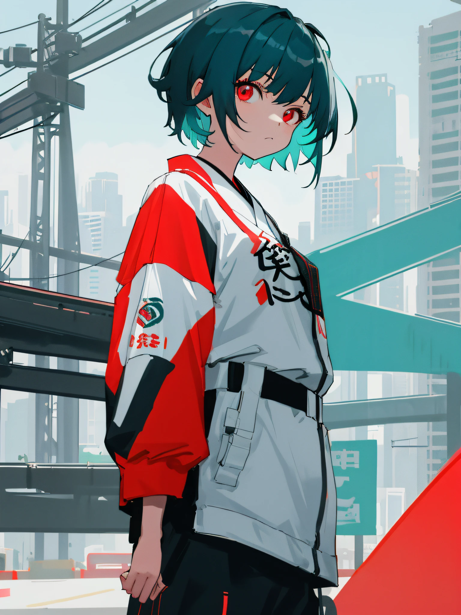 (masterpiece, best quality, absurdres), 1girl, solo, solofocus, turquoise hair, short hair, black clothing, streetwear, cyberpunk, neon lights, day, sunlight, cityscape, red eyes, american flag, super closeup, japanese flag, billboards, white clothing, blue clothing, palm trees, san francisco