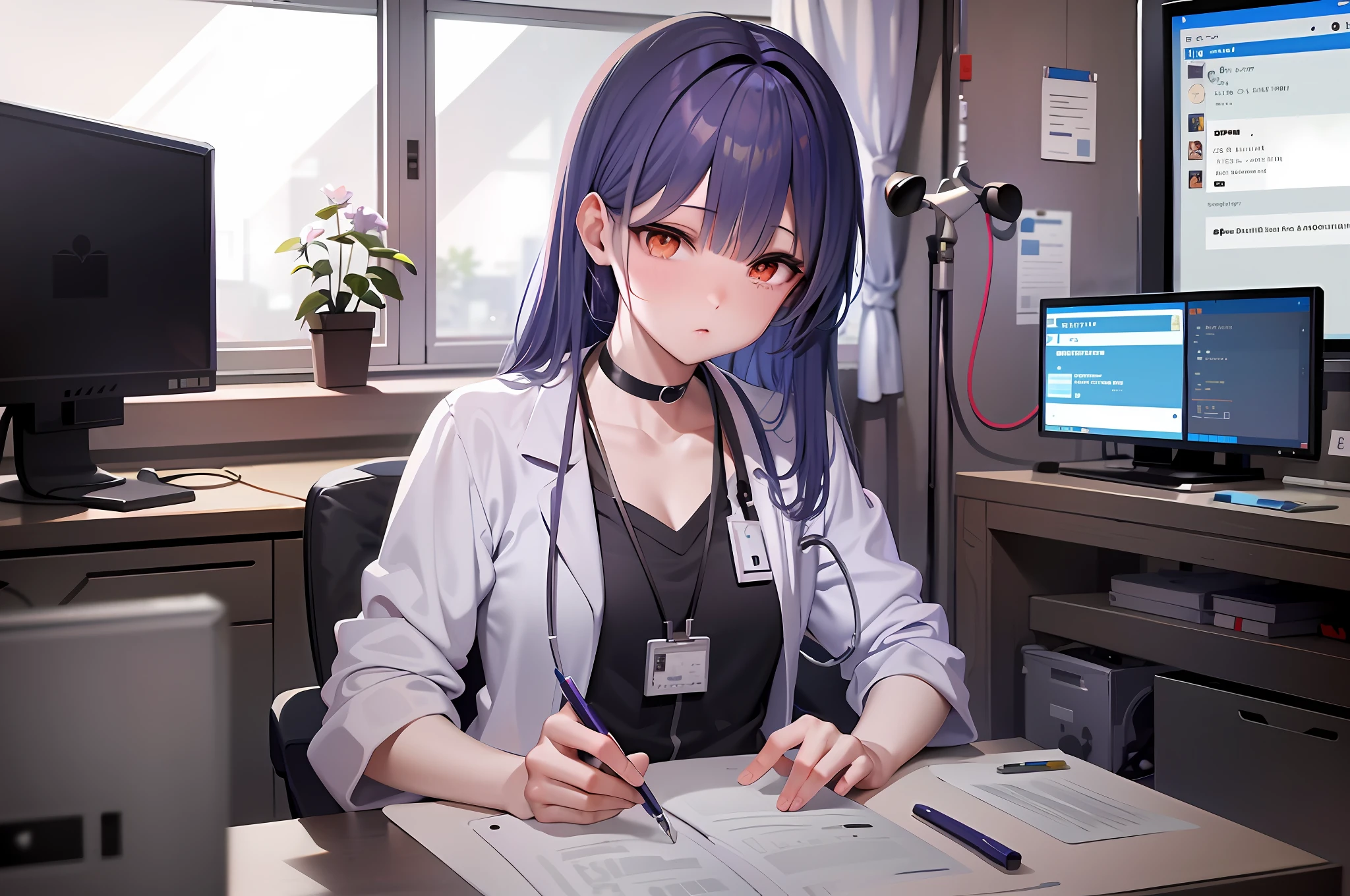 anime character sitting at a desk with a computer and a monitor, anime moe artstyle, smooth anime cg art, marin kitagawa fanart, doctor, (doctor), realistic anime artstyle, digital anime illustration, painted in anime painter studio, high quality anime artstyle, anime style 4 k, best anime 4k konachan wallpaper, realistic anime 3 d style
