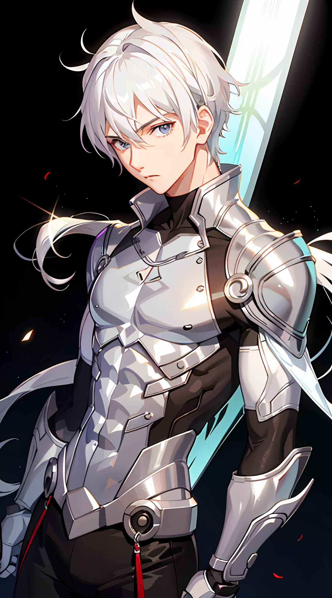 White hair, shiny body, standing in front of bright lights, all over silver clothes, abs