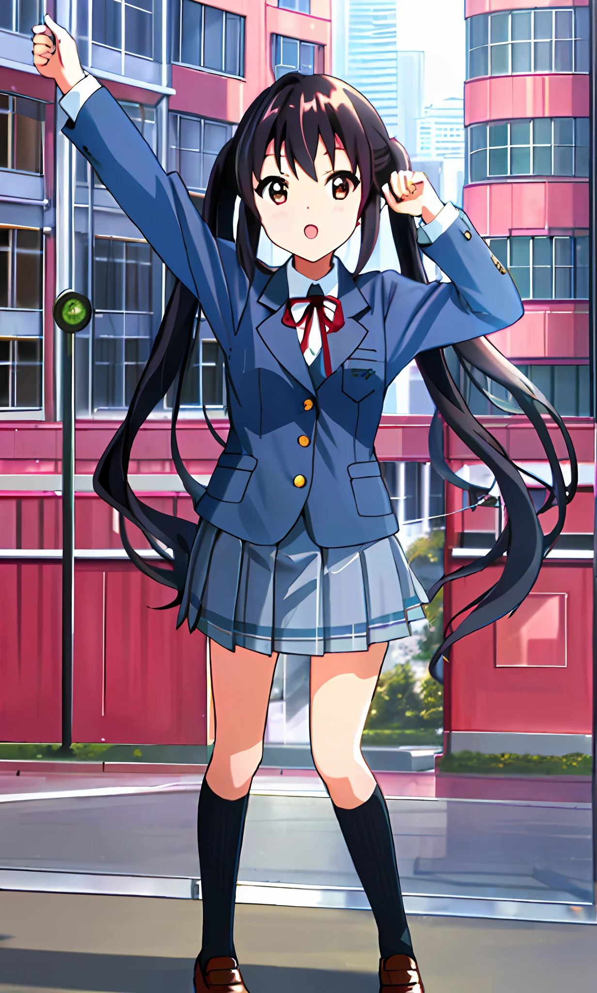 1girl, ((((Masterpiece))), Best Quality, Best Quality, High Detail, Azusa Nakano, 1girl, Sakuragaoka High School Uniform, Musical Instrument, School Uniform, Twin Tails, Long Hair, Black Hair, Brown Eyes, Solo, Red, Dark blue blazer with a thin ribbon of red, Solid white button shirt under blazer, Illustration, Cartoon, Soothing tones, Muted colors, Soft cinematic light, Adobe Lightroom, Photo Lab, HDR, complex and highly detailed, (((depth of field))))). (((Masterpiece))). (((highest quality))).) ((super detail))). (((Illustration))). (((Outside))). (((fighting stance))).,((((Giantization))).dynamic focus.small breasts. (((skyscrapers))). (((Cityscape))). Ultraman, makeover pose.make a fist.arms up.chest.front.watch viewer.