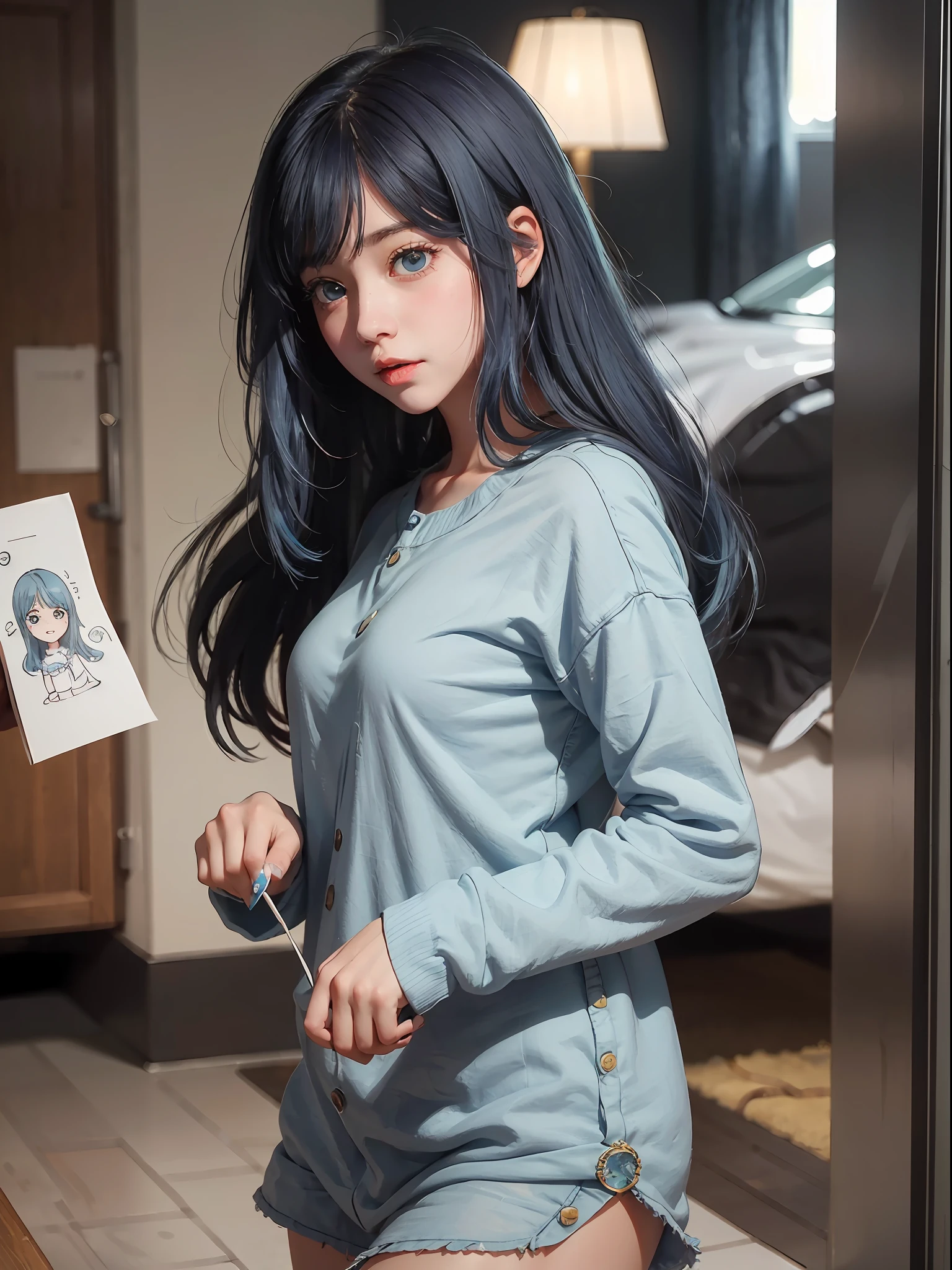 (RAW photo, highest quality, masterpiece: 1.2), (realistic, photoreal: 1.4), (masterpiece: 1.4), (best quality: 1.4), 1 girl, solo, :d, cartoon girl with long hair and black and white drawings, she has a cute expressive face, a little happy look, and her expression is solemn, she has a distant look, blue hair, a girl who is wriggling, puffs out her mouth, big eyes, Like anime,