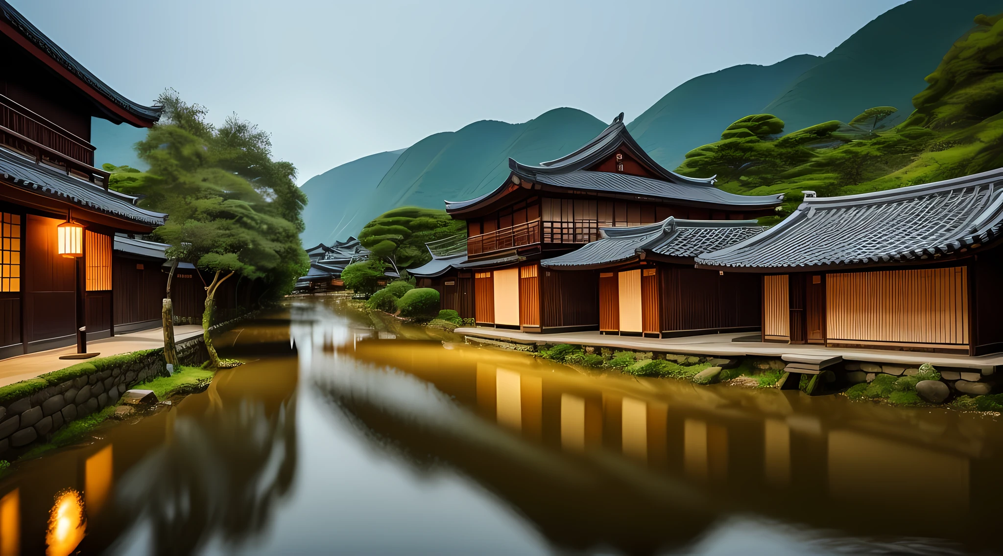 A river meandering delicately through an ancient Japanese village on a rainy day. The river's waters flow smoothly, reflecting the vibrant colors of the traditional wooden houses that line its banks. The rain falls in delicate drops, creating small puddles that mirror the beauty around you. By the river, a gentleman fisherman is immersed in his activity, patiently holding his fishing rod as he waits anxiously for a catch. His calm posture and concentration evidence his deep connection with nature and the ancestral tradition of fishing., Photography, intricate details, perfect features, dramatic, cinematic lighting, accent lighting, SSAA, smooth render, high details, super detail, 8k, 16k, best quality,