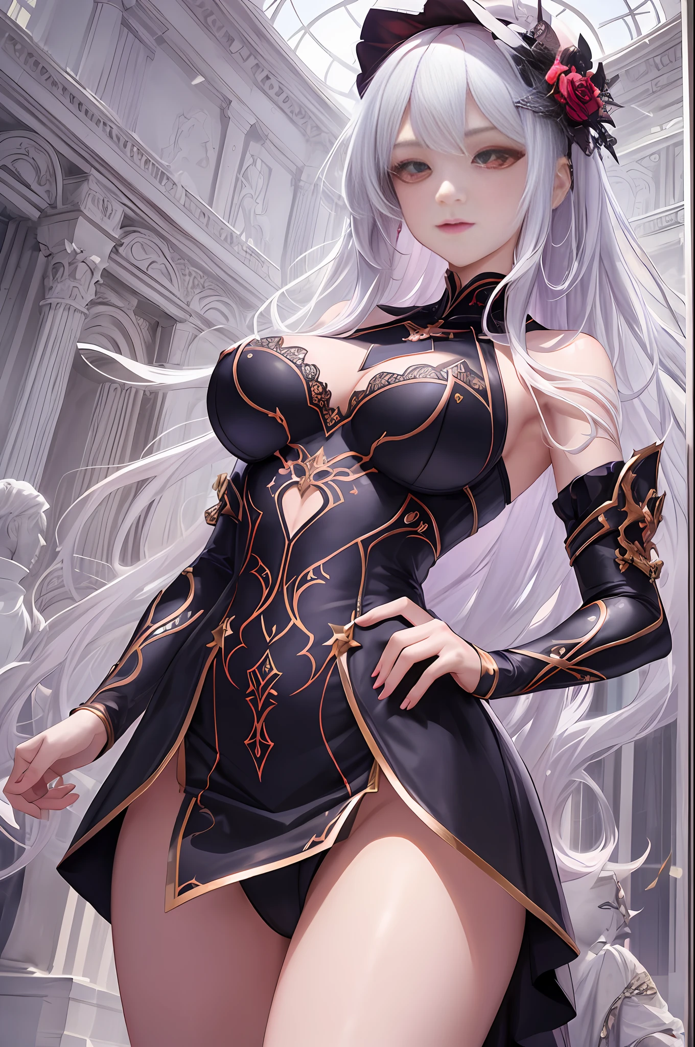 (Masterpiece, Top Quality, Best Quality, Official Art, Beauty and Aesthetics: 1.2), (1 Girl: 1.3), (Fractal Art: 1.3), Absurd, Masterpiece, Best Quality, Realism, Ultra Detailed, (Shiny Skin, Sweat: 1.4), Looking at the Audience, Slim, 1 Girl, Solo, White Sneakers, White Miniskirt, Straight Long Hair, Princess Cut, Purple Hair, Red Eyes, (Thigh Thickness: 0.5), Dynamic Lighting, High Resolution, Clear Focus, Depth of Field, Small Tits, Vampire, masterpiece, best quality, super detailed, illustration, super detailed face, best quality face, evil, adult, 1 girl,, white hair, alchemy costume, intricate detailed costume, sexy pose, glowing red dress