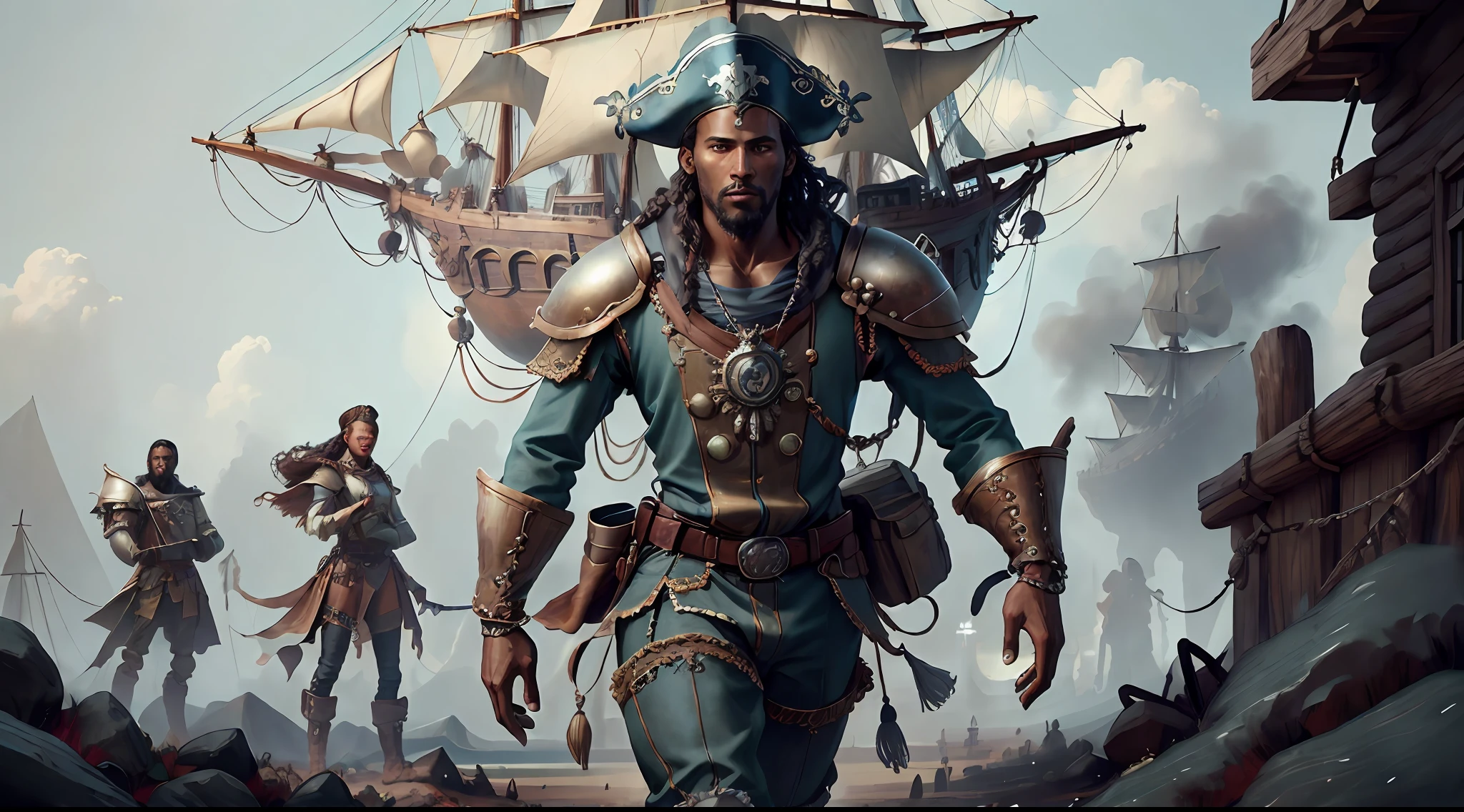 (((multi-person interaction, with men and women))), (highly detailed RAW color photos, ridiculous resolution, high resolution, super detailed), ((r 9 6 angles)), dark skin, handsome, fearless and brave expression, mature, thin shoulders, very thin body, black captive dark pirate hat, white dirty braids, vibrant green eyes, (detailed eyes and detailed face), extremely detailed 8k photo, (full body: 0.9), beautiful woman, outboard, offboard background, detailed face, (Medieval Fantasy Theme: 1.3), Light Blue Pirate Theme Armor with Highly Intricate Details, Blue Pants, Ship in the Background, Inside the Ship, Deck of the Ship, Inspired by Dungeons & Dragons, Digital Artwork, Surreal, Photography, Soft Lighting, Soft Detail, Octane, ArtStation Trend, Ultra High Detail, Surreal, Movie, 16k,