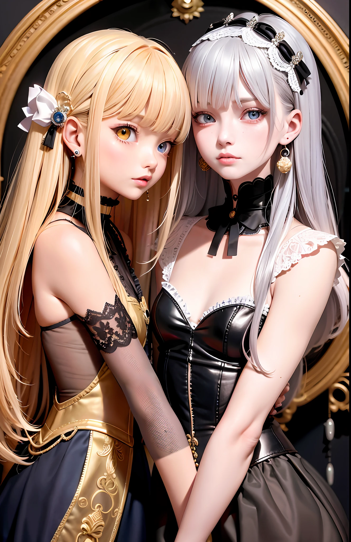 Best, Masterpiece, High Resolution, Best Quality, Ultra HD, Super Detail, Award-Awarded, 16k, (Upper Body), Anatomically Correct, Beautiful Maiden, Cute Face, Highlights, Gradient Beige Hair, Hair Strands, ((Heterochromia)), Long Eyelashes, Hanging Eye Corners, Fair Skin, (Small), (Slim Body), ((Victorian Women's Clothing)), Stud Earrings, (Neck Rings), Very, Very Short Gloves