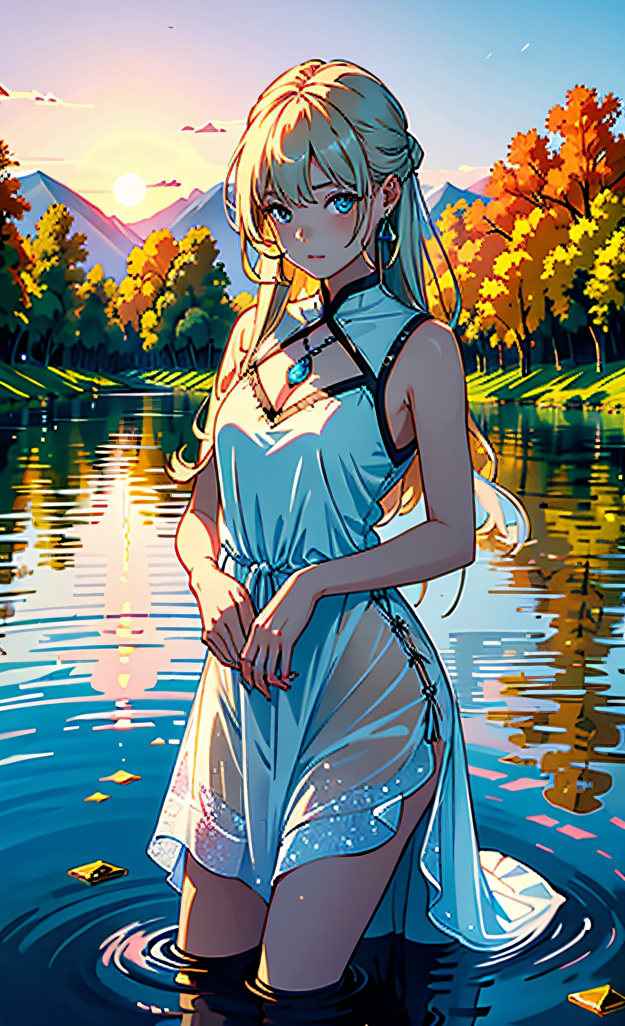 1 girl, serene expression, mesmerizing eyes, straight long hair, flowing dress, poised posture, porcelain skin, subtle blush, crystal pendant
BREAK
golden hour, (rim lighting):1.2, warm tones, sun flare, soft shadows, vibrant colors, painterly effect, dreamy atmosphere
BREAK
scenic lake, distant mountains, willow tree, calm water, reflection, sunlit clouds, peaceful ambiance, idyllic sunset, ultra detailed, official art, unity 8k wallpaper
, zentangle, mandala