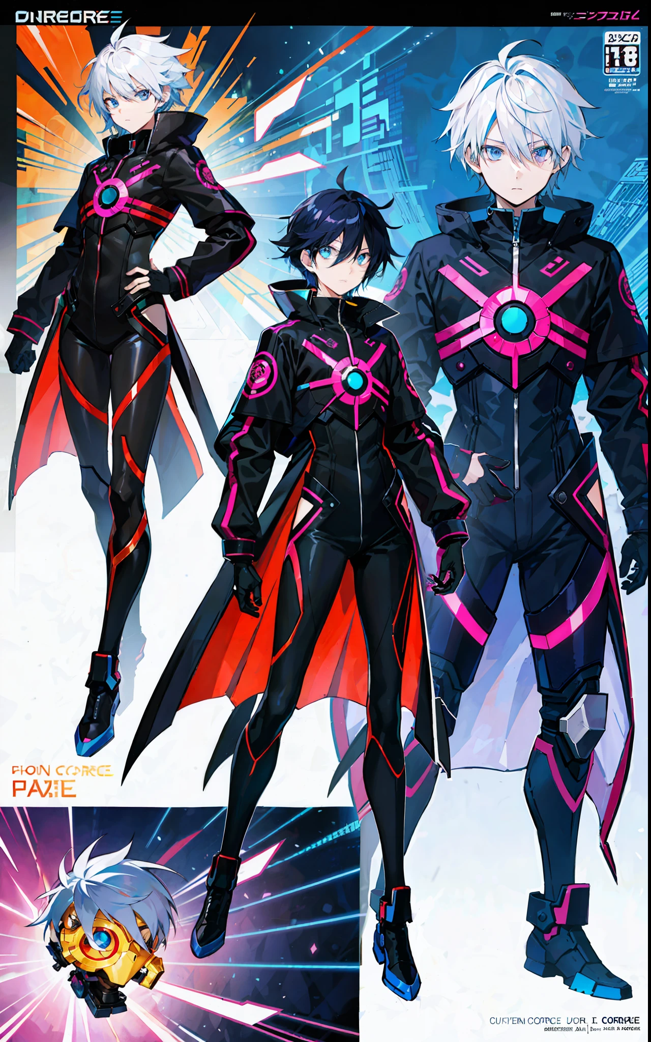 glitchcore, speedcore, oc design, original character, male, androgenous, unique design, unique hair, fullbody, back and front view, comprehensive viewage, reference sheet, weirdcore, comic artstyle, manga artstyle, expirimental artstyle, modern clothes, scenecore, action pose