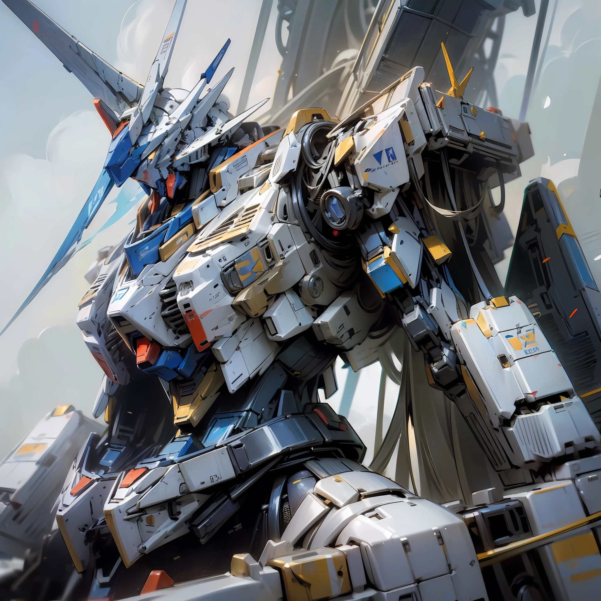 ((Masterpiece, better quality)), illustration, ultra-detailed 8k, realistic, sharp focus, very detailed, professional lighting, colorful details, white background panel blue sky and white clouds, large mechanical robot structure, Gundam, glossy, intricate details, cyberpunk, upper body, Gundam, shitu-mecha, --auto --s2