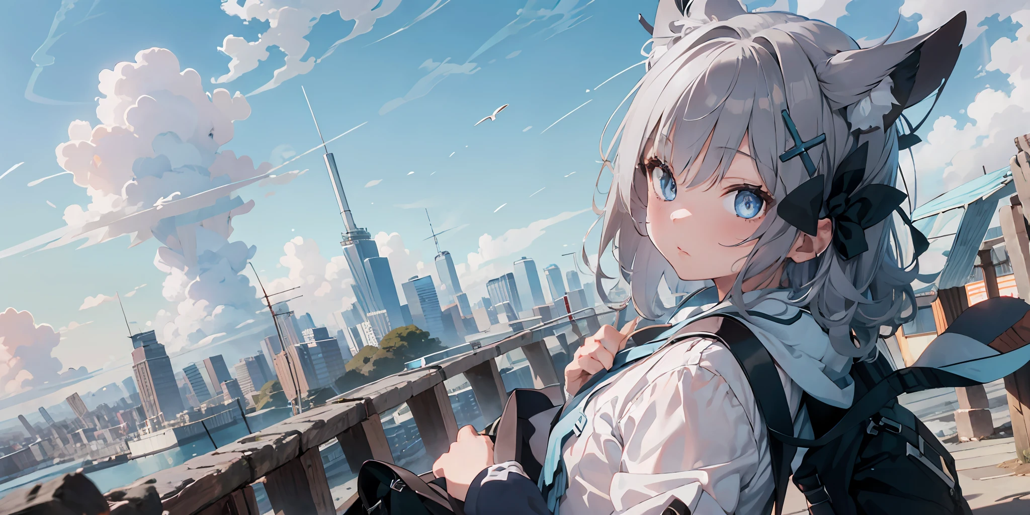 1girl, (solo:1.2), ((masterpiece)), (shadow), [slim], (small breasts), pale skin, ((detailed eyes)), (background blur), (dynamic angle), dynamic pose, looking back, exterior, silver hair, blue eyes