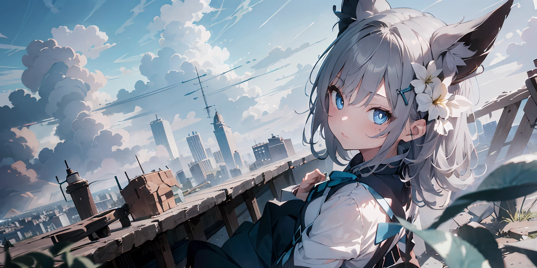 1girl, (solo:1.2), ((masterpiece)), (shadow), [slim], (small breasts), pale skin, ((detailed eyes)), (background blur), (dynamic angle), dynamic pose, looking back, exterior, silver hair, blue eyes