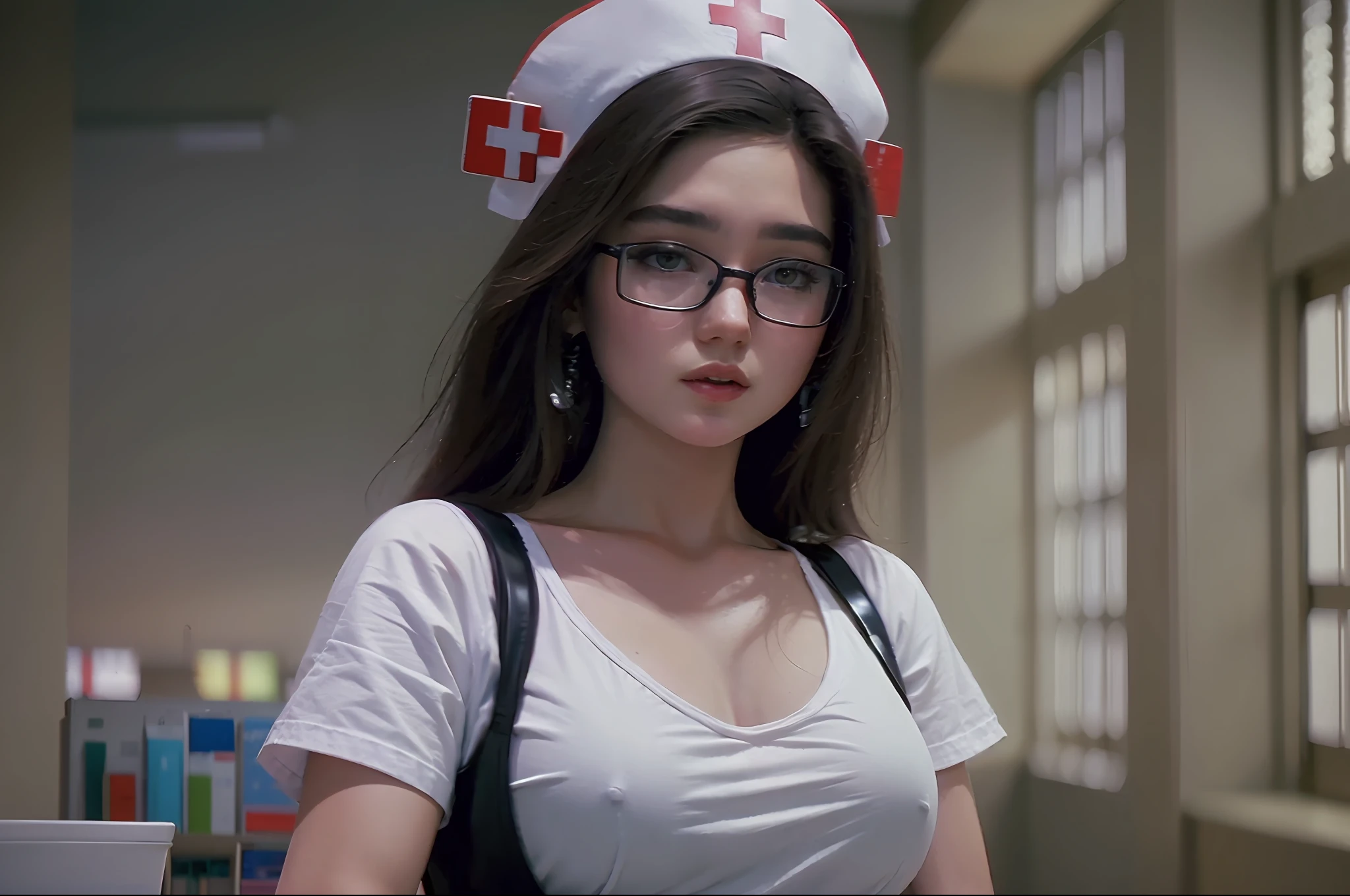 (nurse),sexy glasses, (8k, best quality, masterpiece: 1.2), ultra-detailed, masterpiece, realistic lighting, masterpiece, best quality, masterpiece, best quality, official art, extremely detailed CG unit 8k wallpaper,