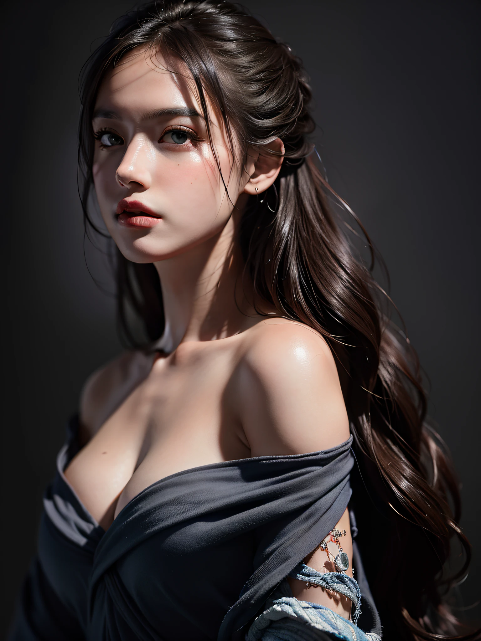 Best quality, masterpiece, ultra high res, (photorealistic:1.4), raw photo, 1girl, offshoulder, in the dark, deep shadow, low key, cold light