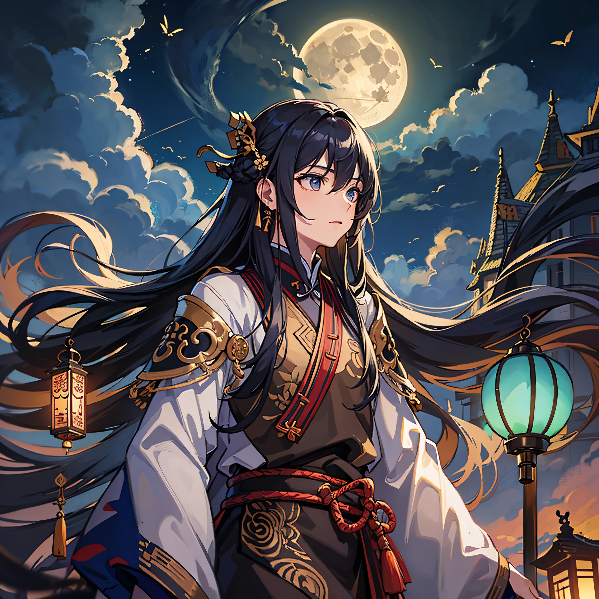 Masterpiece, best quality, night, hills, clouds, full moon, long hair, man, ancient Chinese, silhouette, firefly. --auto --s2