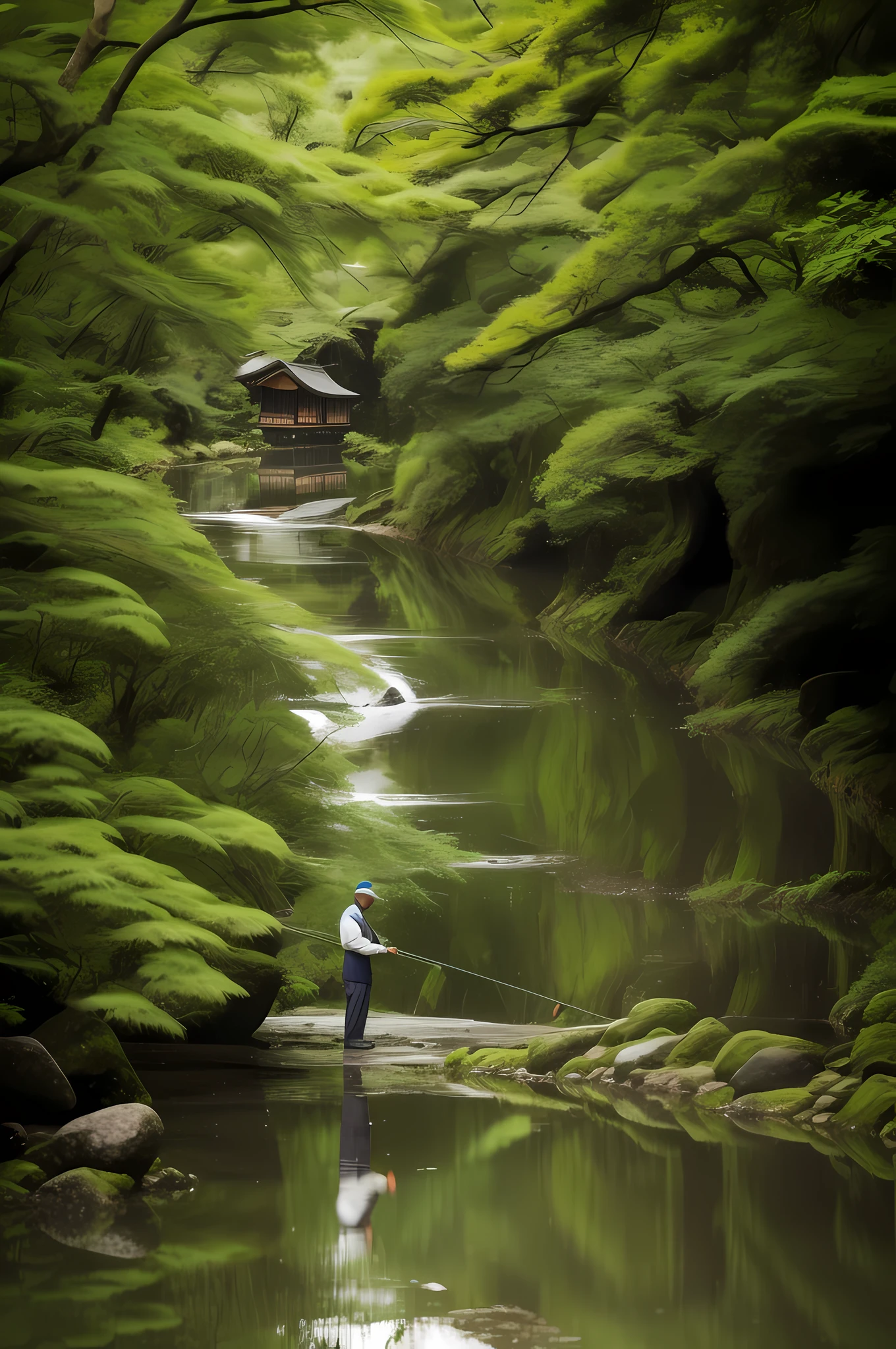A river meandering delicately through an ancient Japanese village on a rainy day. The river's waters flow smoothly, reflecting the vibrant colors of the traditional wooden houses that line its banks. The rain falls in delicate drops, creating small puddles that mirror the beauty around you. By the river, a gentleman fisherman is immersed in his activity, patiently holding his fishing rod as he waits anxiously for a catch. His calm posture and concentration evidence his deep connection with nature and the ancestral tradition of fishing., Photography, intricate details, perfect features, dramatic, cinematic lighting, accent lighting, SSAA, smooth render, high details, super detail, 8k, 16k, best quality,