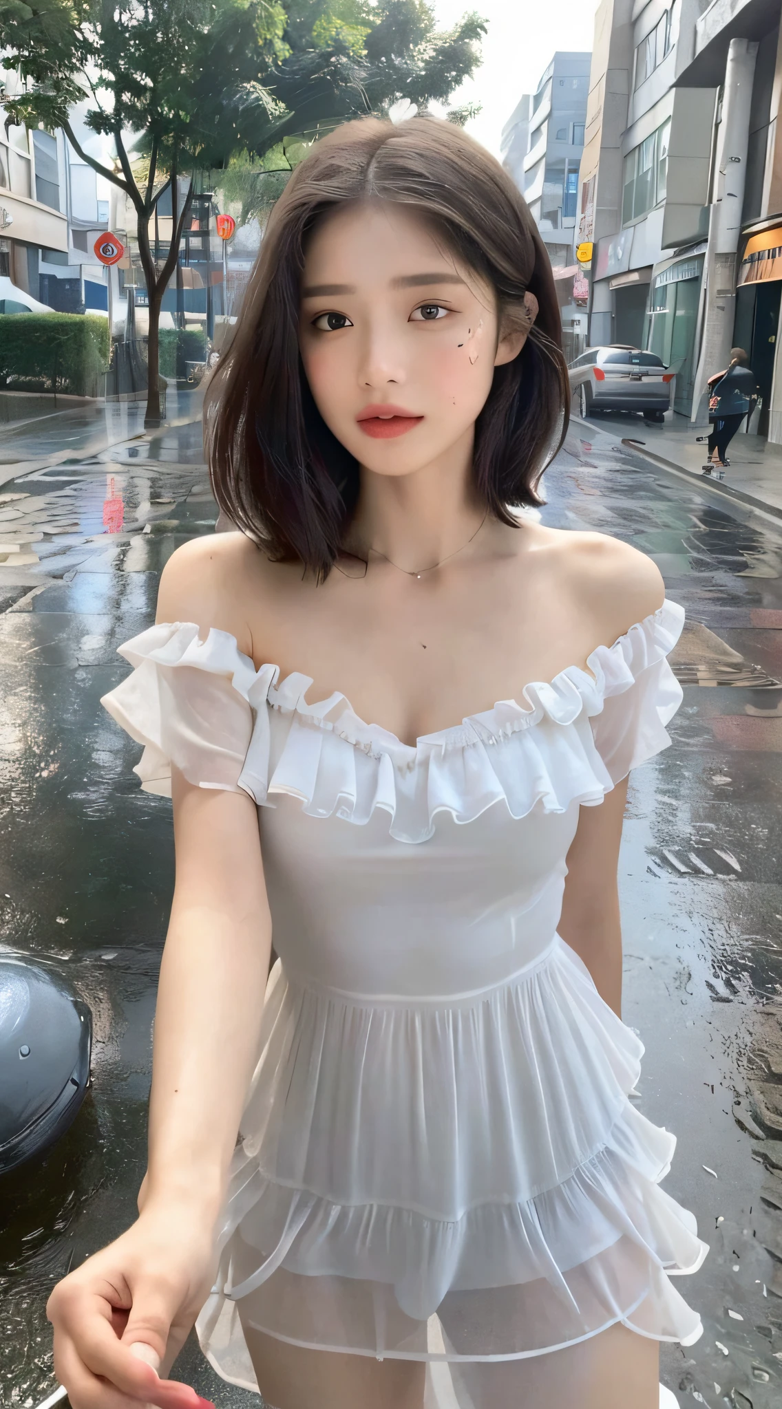 ((Best Quality, 8K, Masterpiece:1.3)), Focus:1.2, Perfect Body Beauty:1.4, Buttocks:1.2, (Layered Haircut:1.2)), (Rain, Street:1.3), Bandeau Dress:1.1, Highly Detailed Face and Skin Texture, Delicate Eyes, Double Eyelids, Whitened Skin, Long Hair, (Round Face: 1.5)