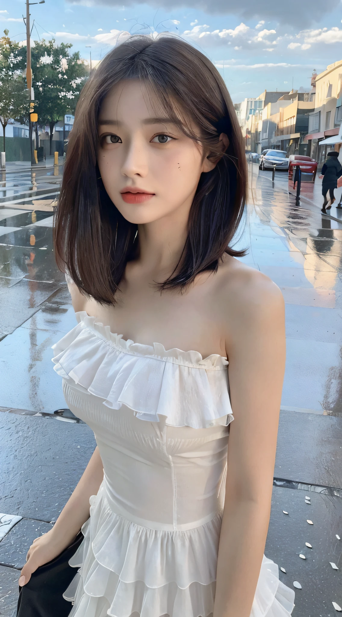 ((Best Quality, 8K, Masterpiece:1.3)), Focus:1.2, Perfect Body Beauty:1.4, Buttocks:1.2, (Layered Haircut:1.2)), (Rain, Street:1.3), Bandeau Dress:1.1, Highly Detailed Face and Skin Texture, Delicate Eyes, Double Eyelids, Whitened Skin, Long Hair, (Round Face: 1.5)