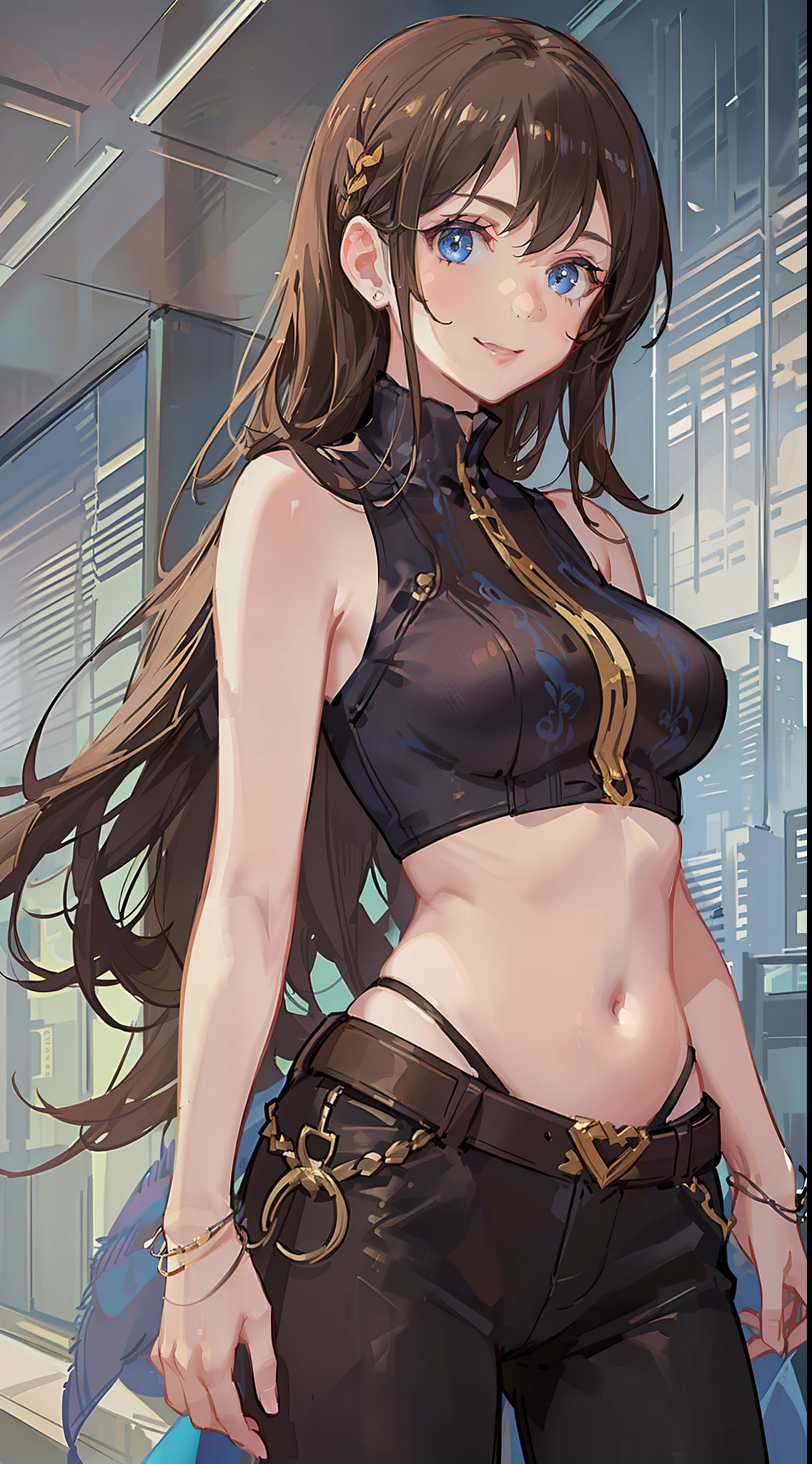 Young girl, long brown hair, blue eyes, blue top, sleeveless, open arms, open belly, pants, smile, masterpiece, high quality